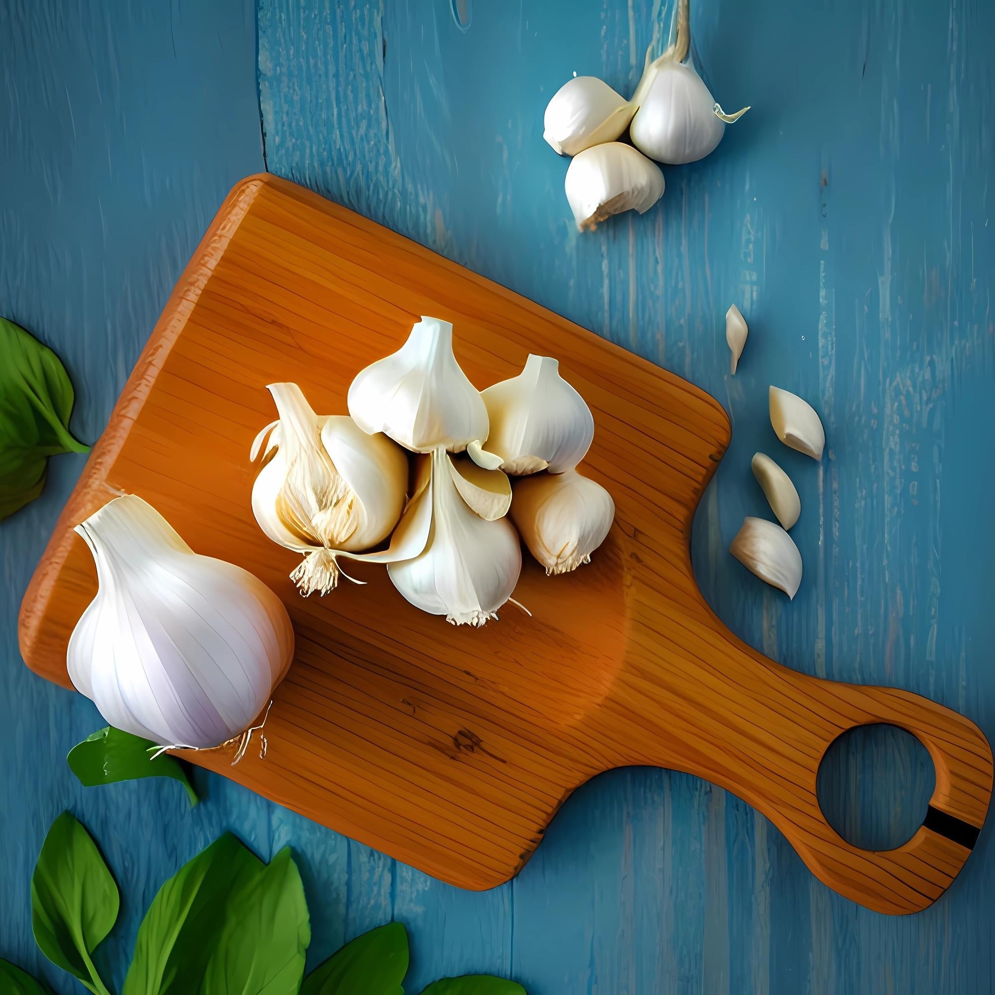 Wooden cutting board with garlic and green leaves emphasizing prebiotics for improved intestinal health and nutrient absorption.
