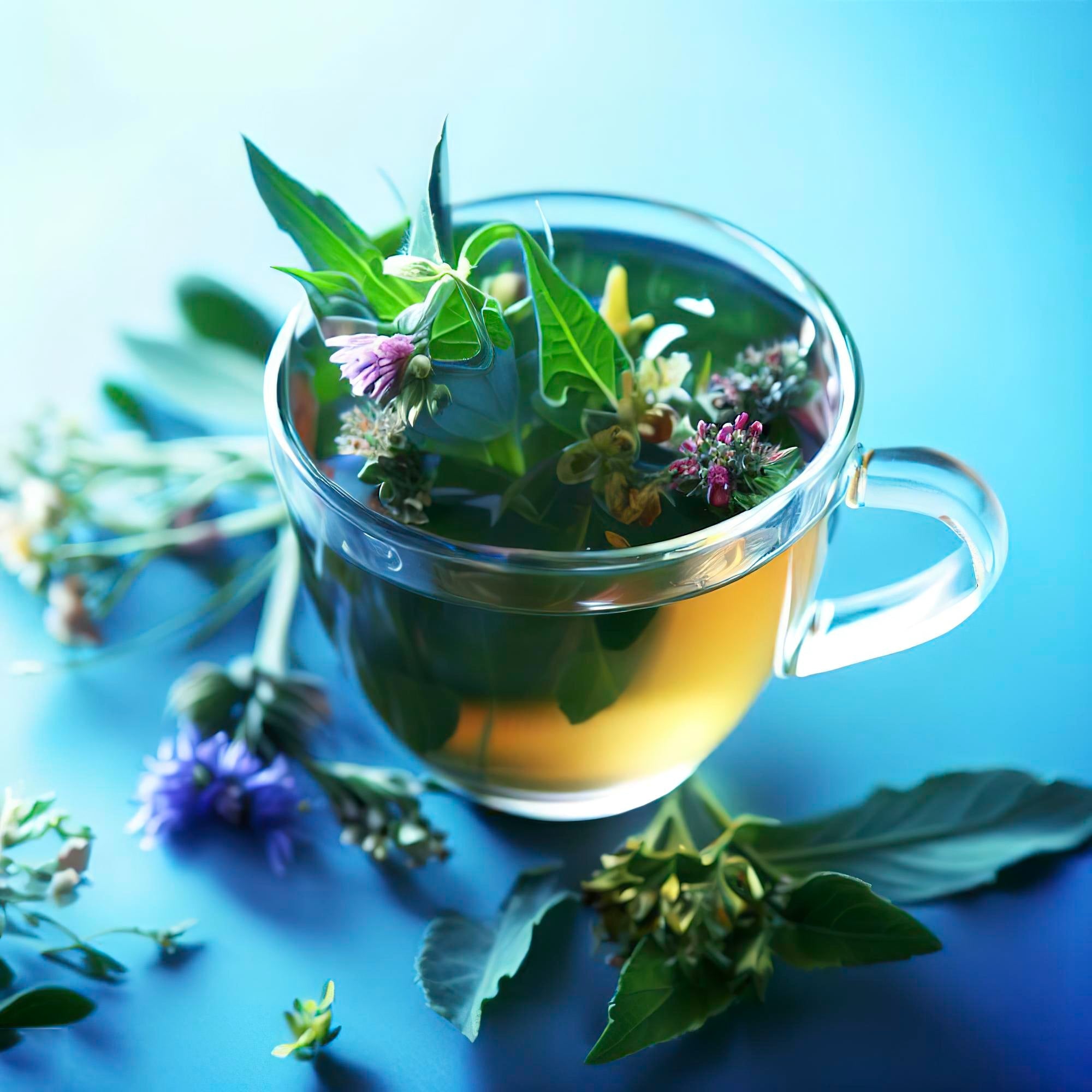 Clear glass cup of herbal tea with fresh herbs and flowers on a blue surface, promoting detoxification and liver health for natural toxin elimination.
