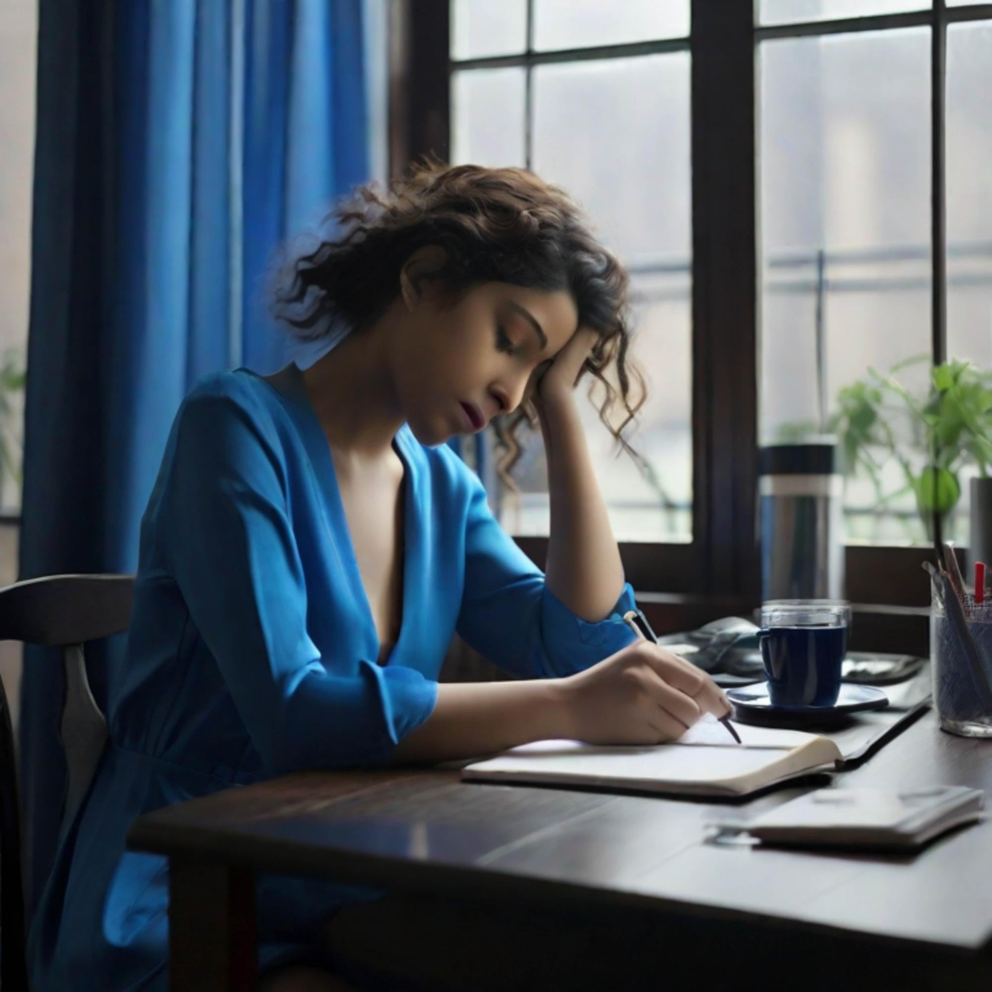 Woman in blue dress writes at table by window, deep in thought, representing fatigue reduction for sustained physical and mental vigor.