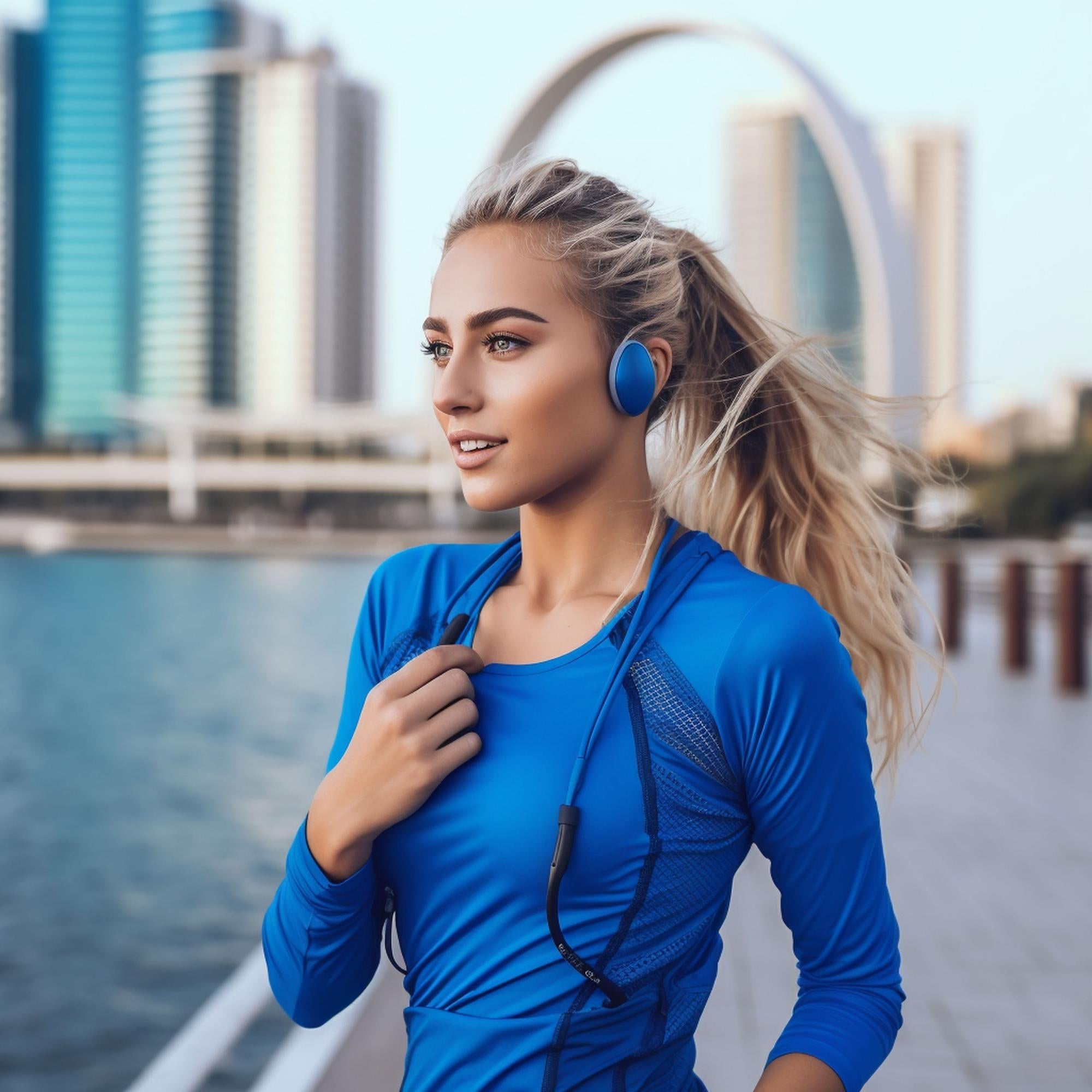 Blonde woman in blue sports shirt and headphones jogs near waterfront, symbolizing endurance and physical stamina.