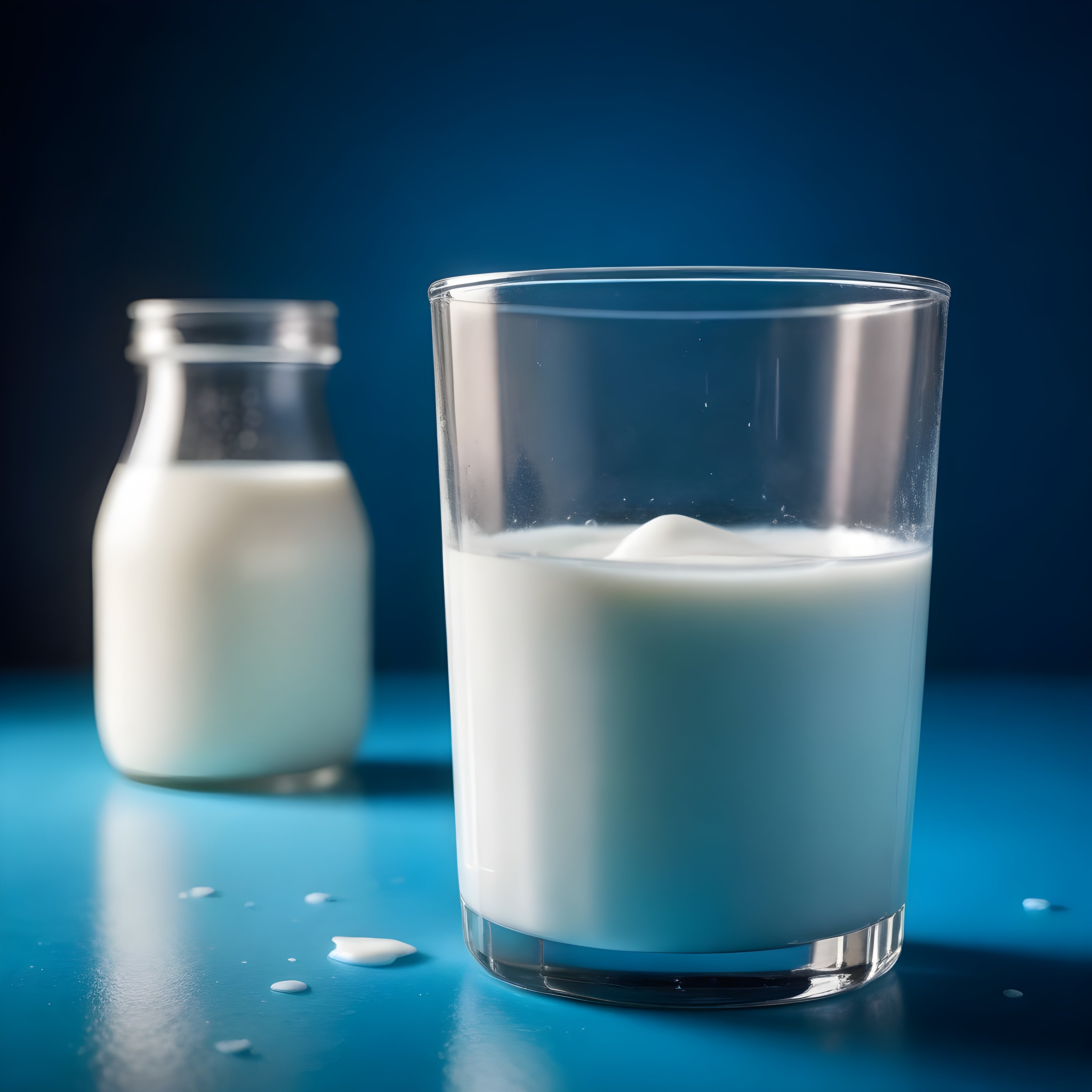 Glass of milk positioned on a blue surface alongside a milk bottle and splashes in the foreground, promoting lactose digestion and gut health.