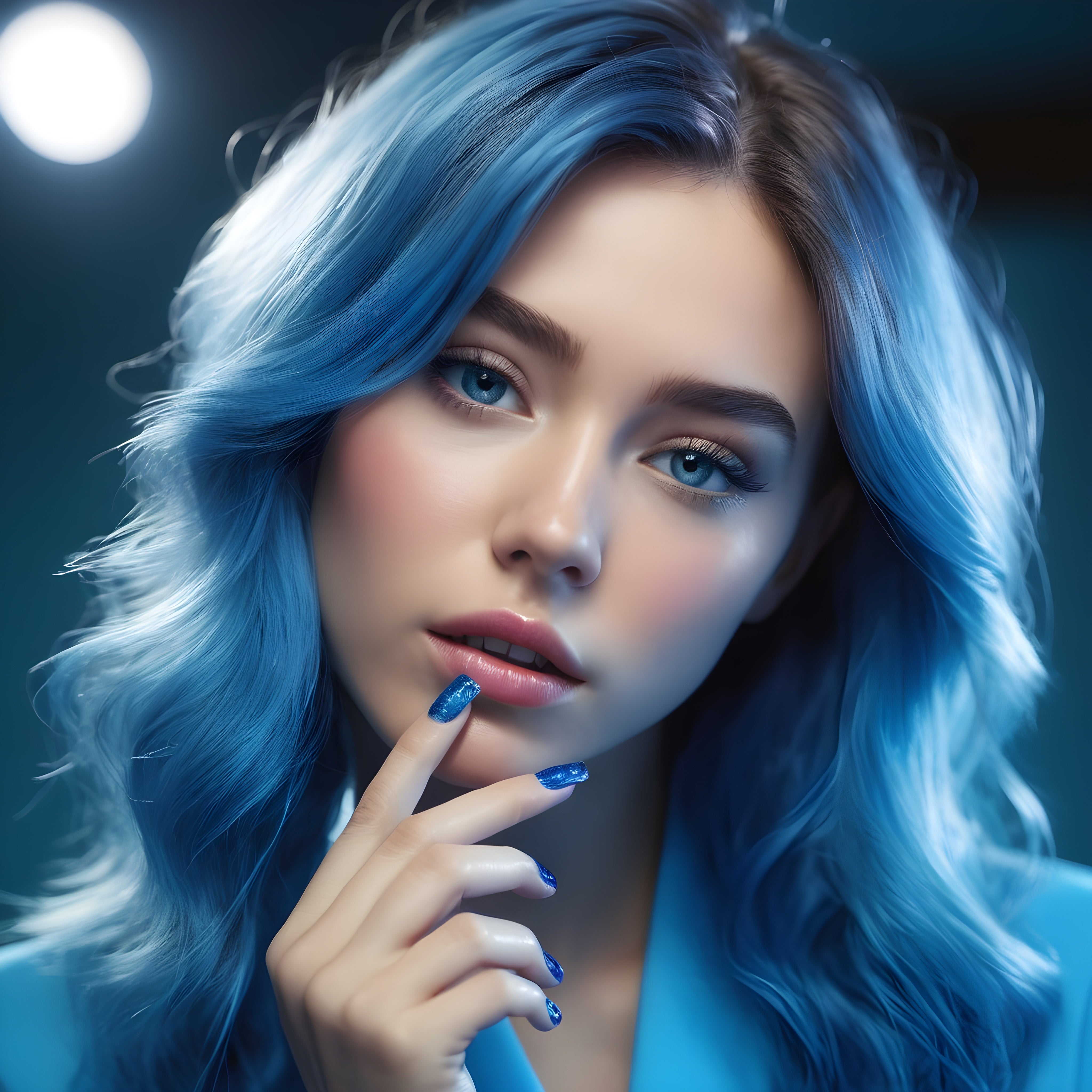Woman with blue hair and nails embodies Hair, Skin & Nails: Enhancing beauty from within, promoting health, strength, and natural glow.