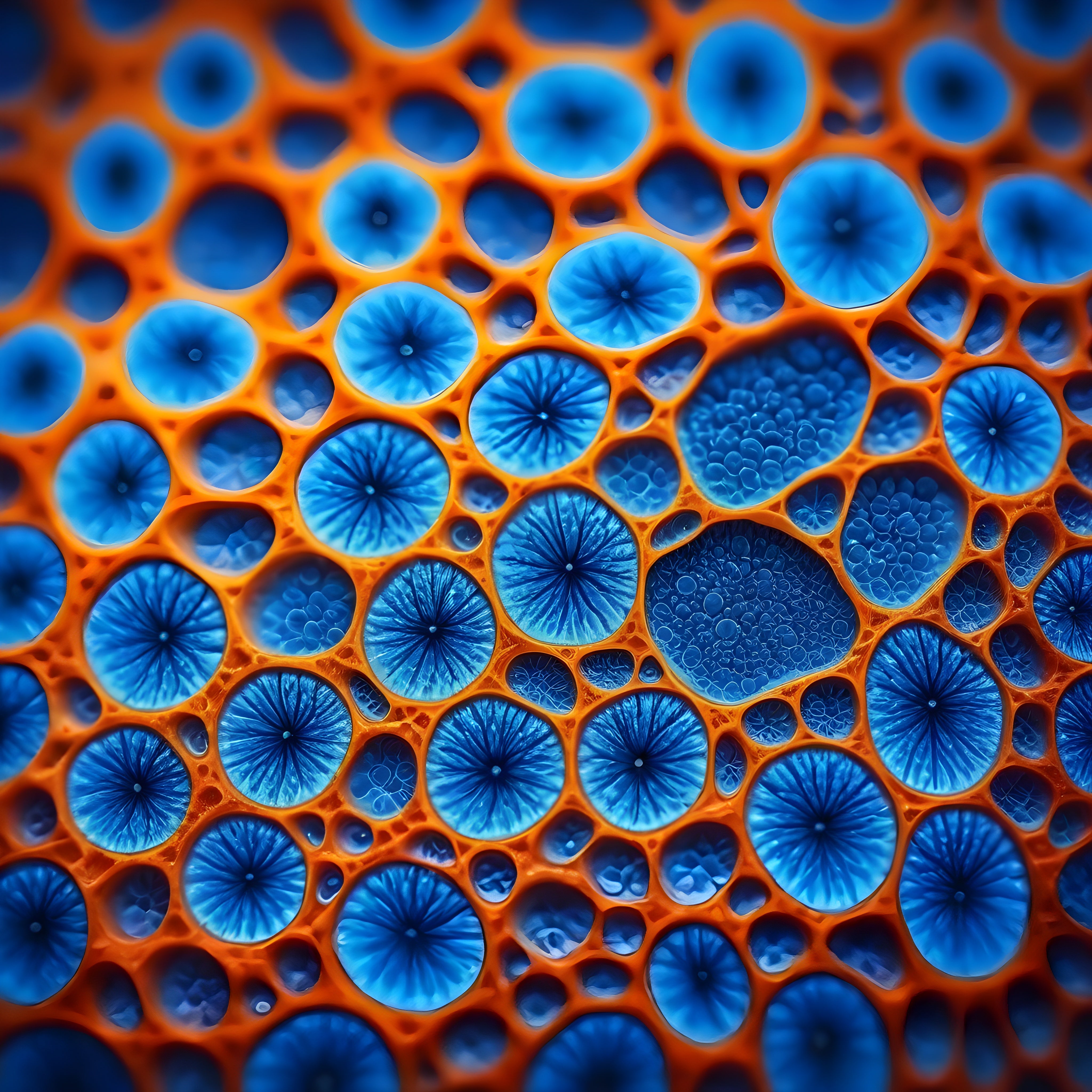 Close-up of vibrant blue circles interconnected by orange structures, symbolizing cellular health supporting repair and healthy aging of cells.