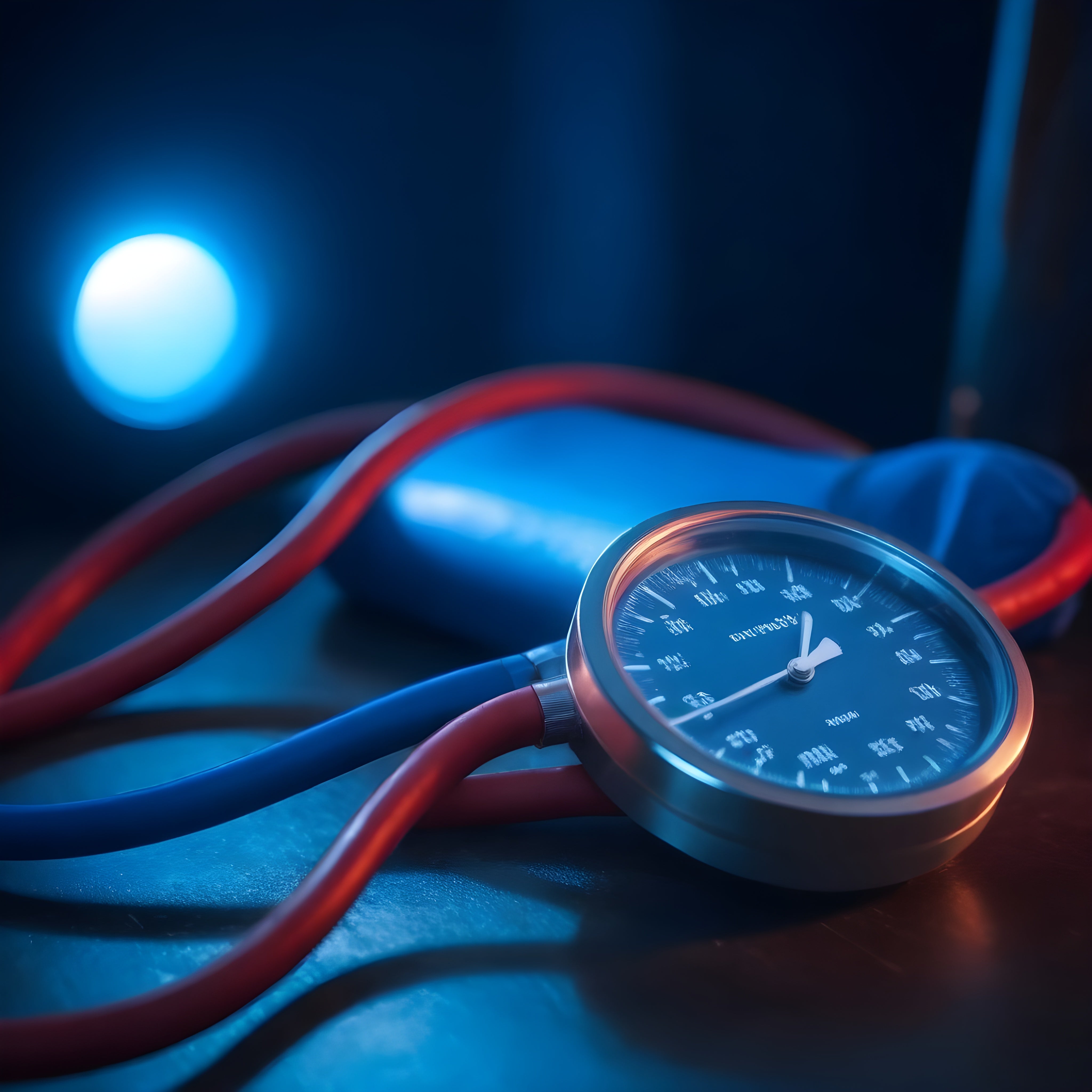 Close-up of a sphygmomanometer with a blue cuff and gauge, highlighting Blood Pressure Support and circulatory wellness..