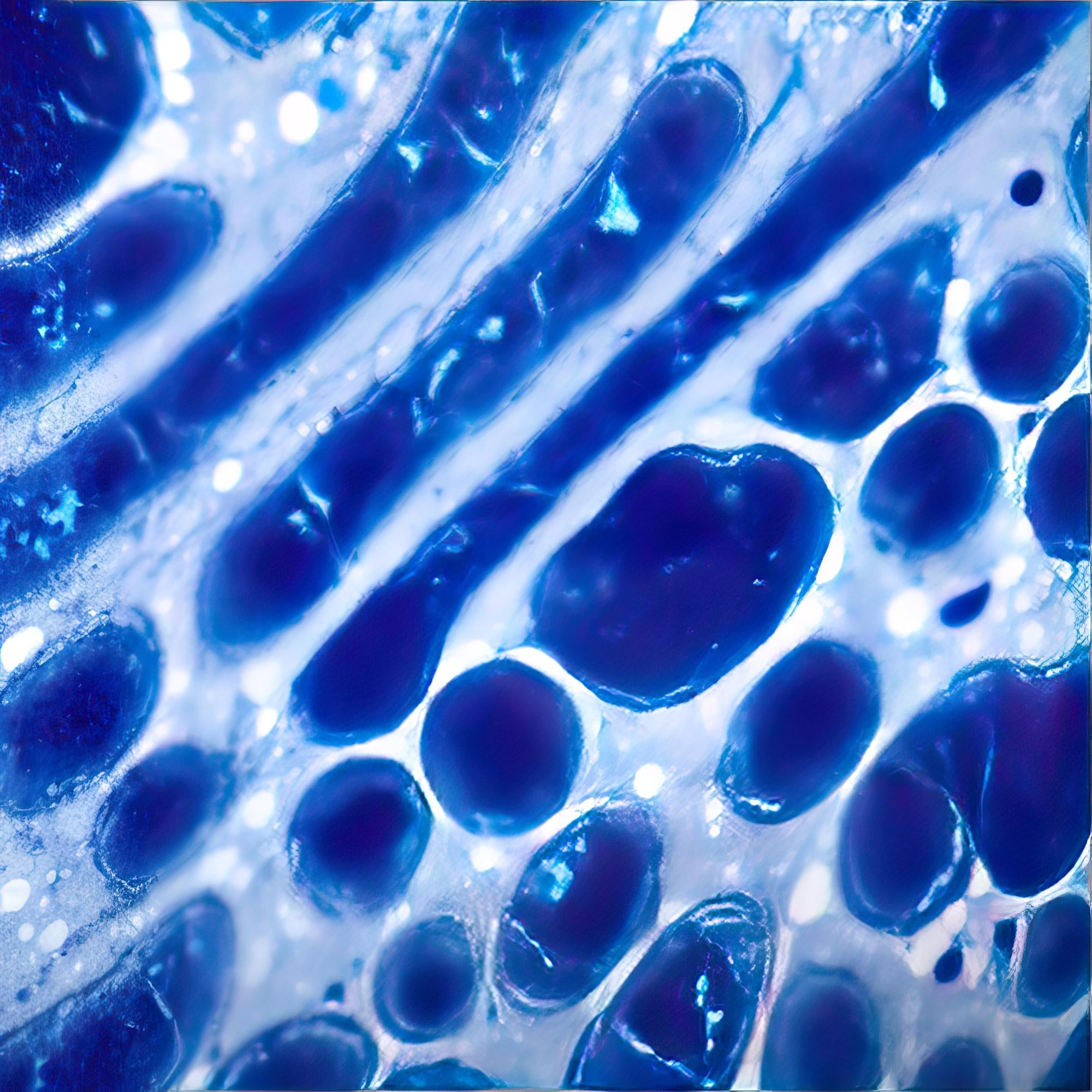 Close-up of blue and white patterned texture with oval shapes, evoking microscopic structures vital for cholesterol management and supporting heart health.