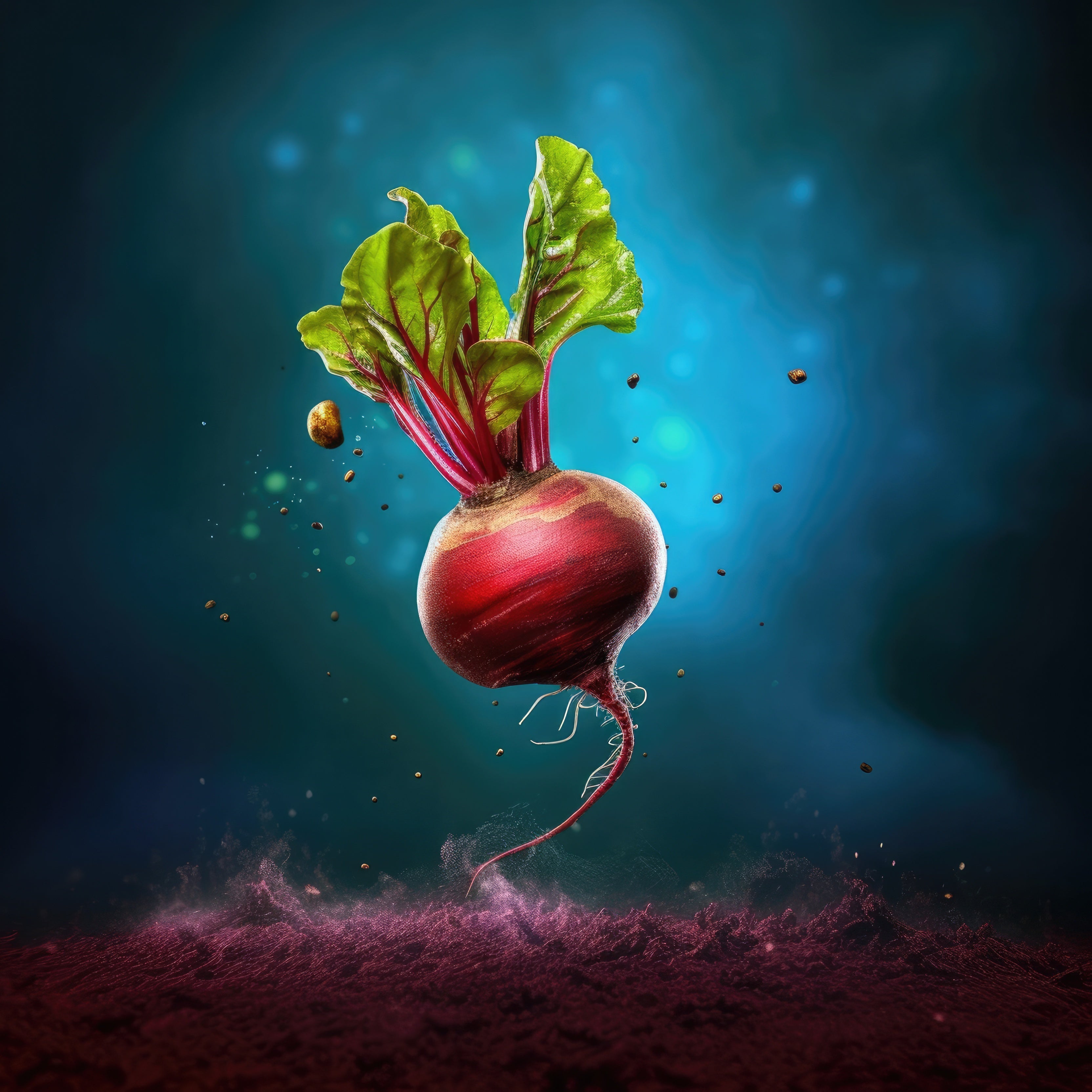 Vibrant beetroot with green leaves and a reddish-purple bulb appears to be floating above dark soil, symbolizing rich antioxidants for cellular health.
