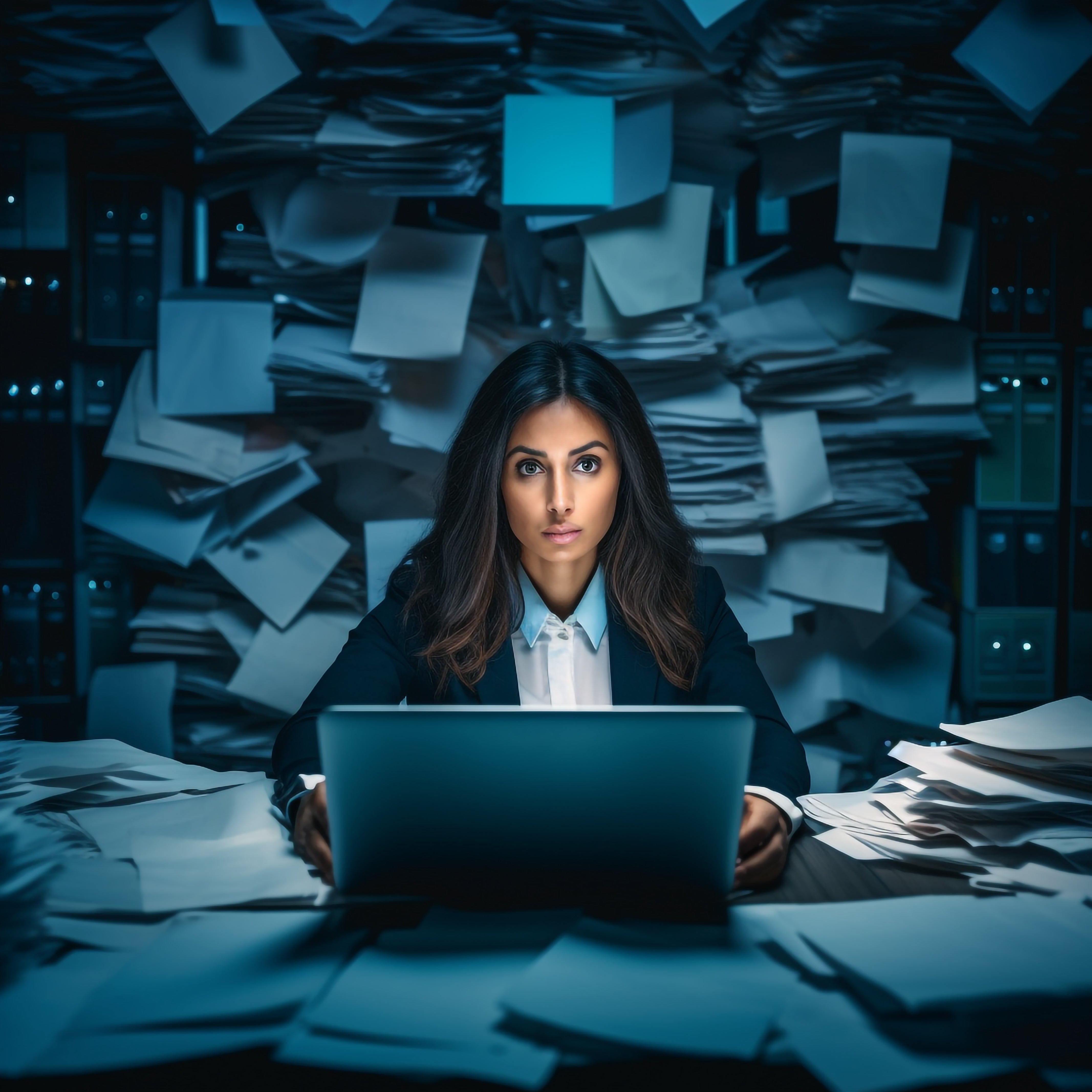 Woman in business attire sitting at a desk with a laptop, surrounded by towering piles of paper highlighting stress management for productivity.