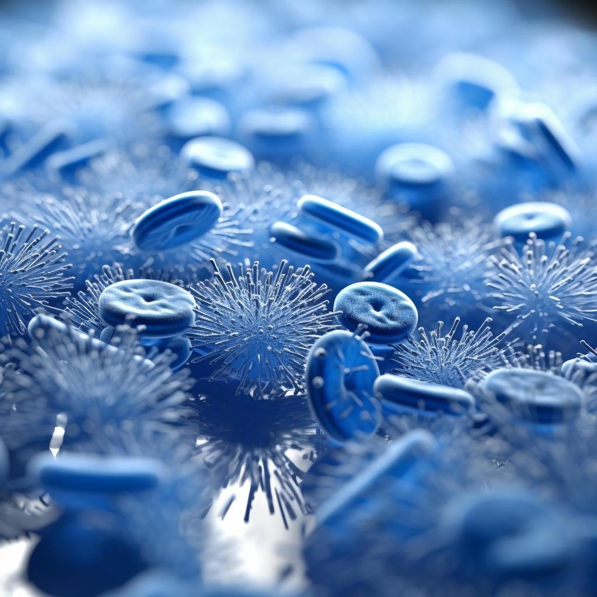 Close-up of blue spiky objects with miniature futuristic appearance representing the concept of immunity and resilience against illness.