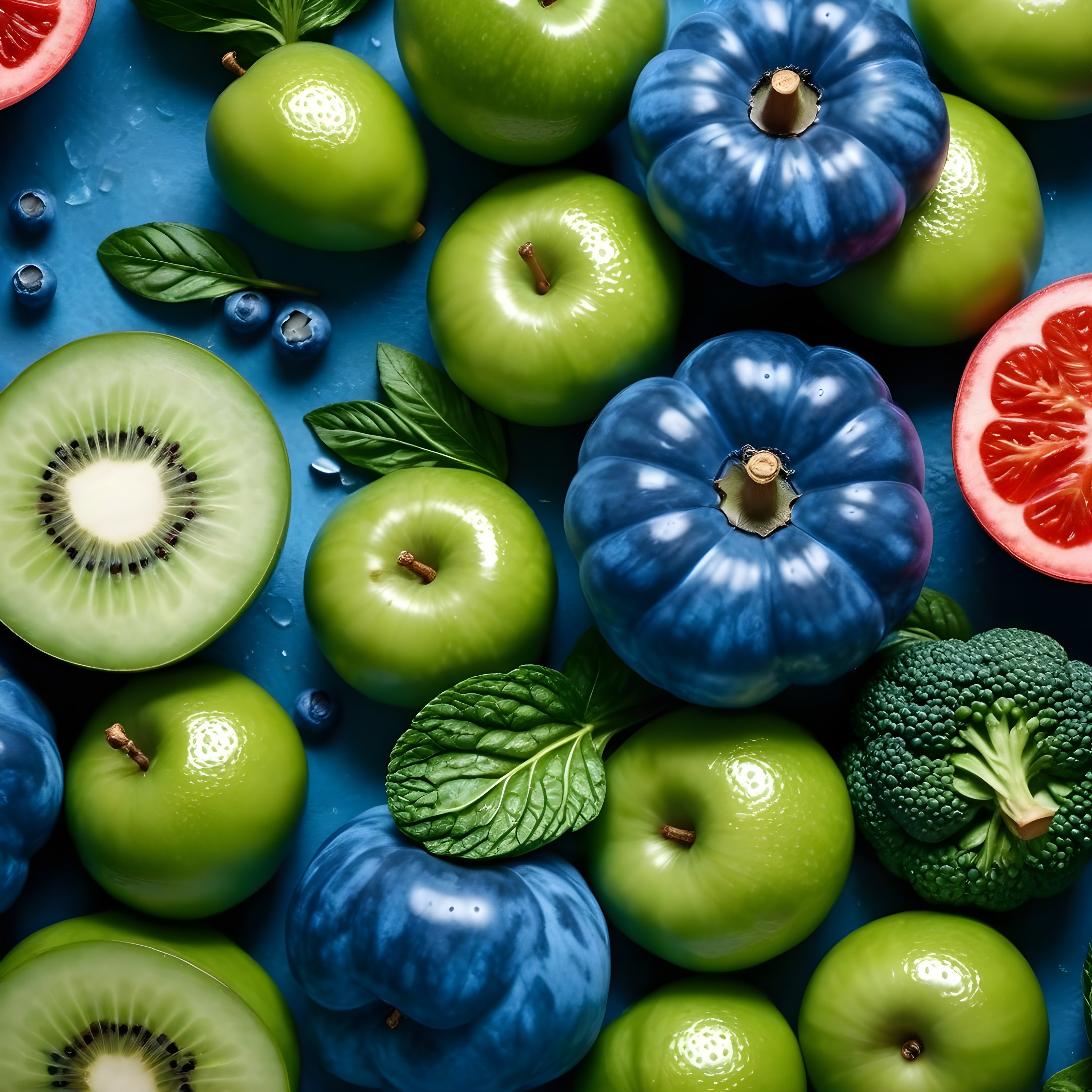 Assortment of fresh green fruits and vegetables on blue background represents green foods, packed with nutrient-rich superfoods for vitality boost.