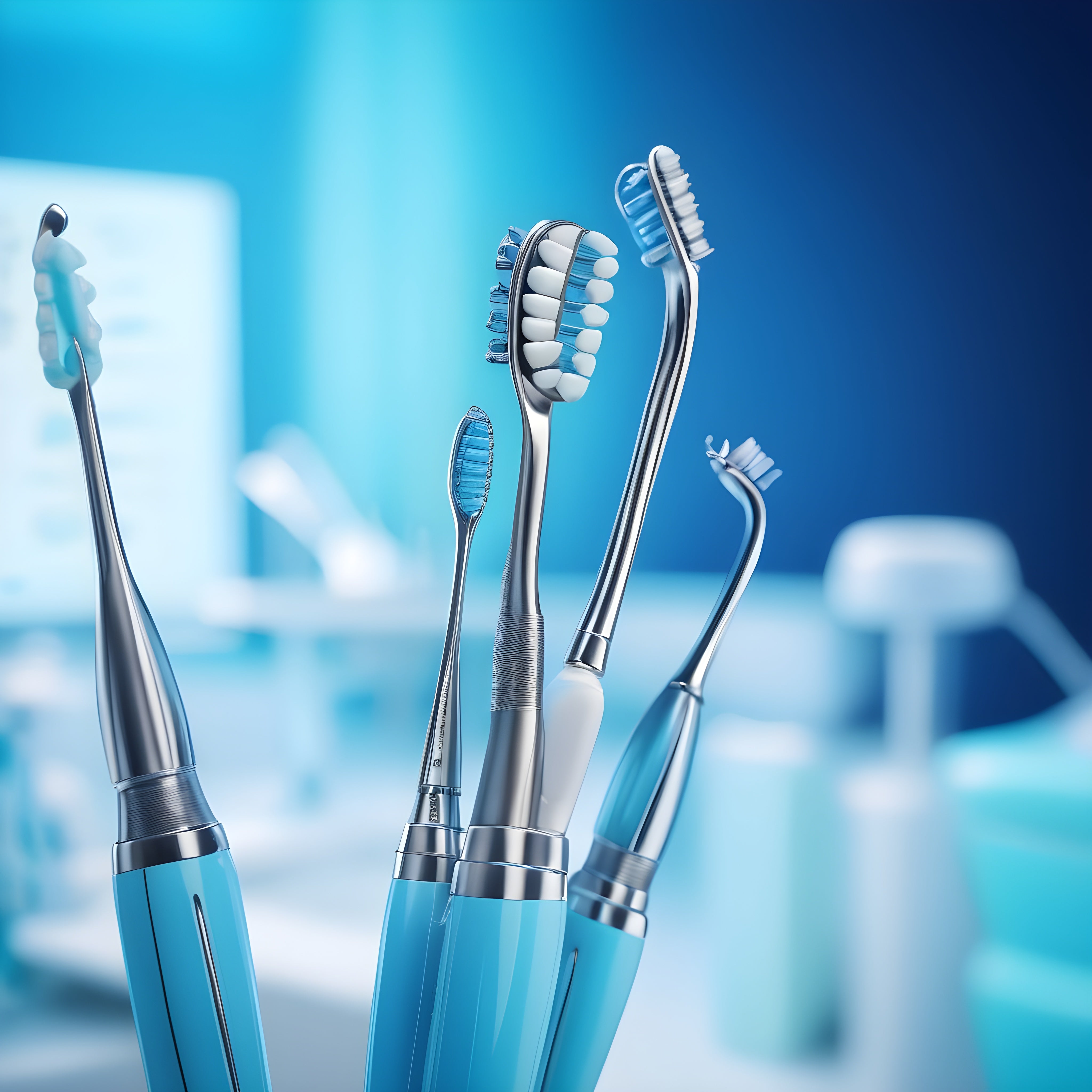 Blue and silver dental tools against a clinic backdrop, underscores dental health by promoting overall oral hygiene.