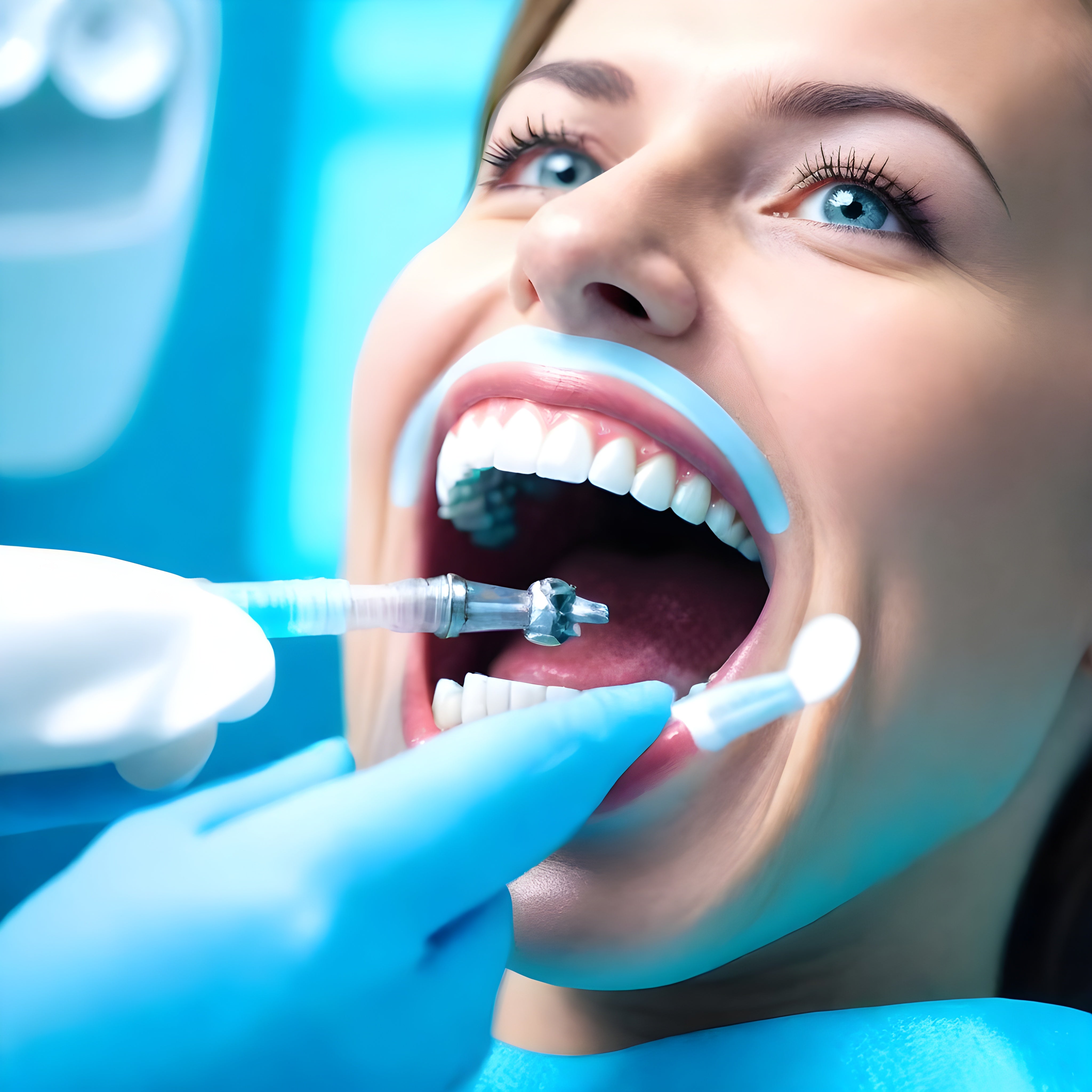 Woman with a wide smile receiving dental treatment and gloved hands hold dental tools while the patient's mouth is open, promoting tongue health and oral hygiene.