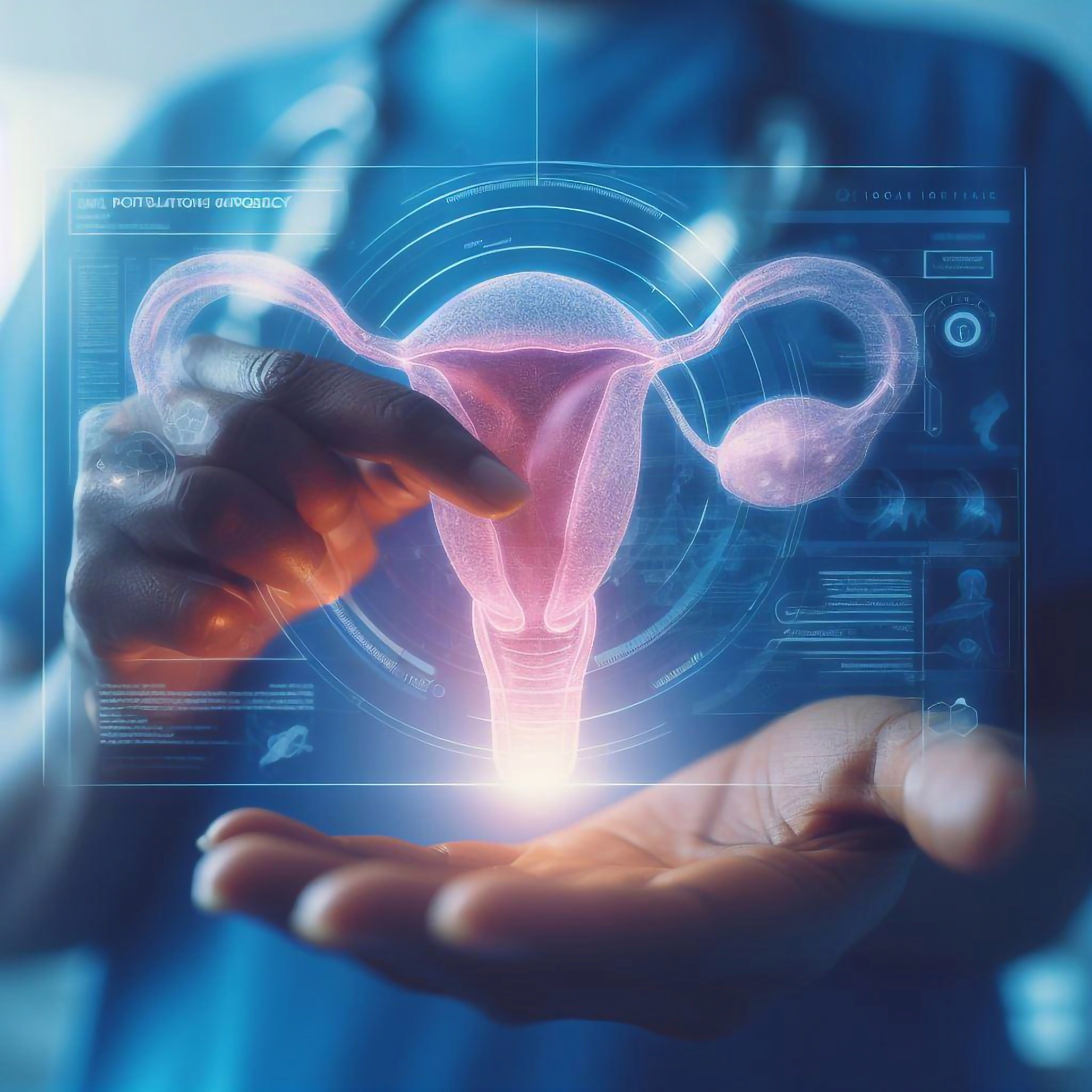 Medical professional holding a holographic model of female reproductive system, illustrating sexual health support.