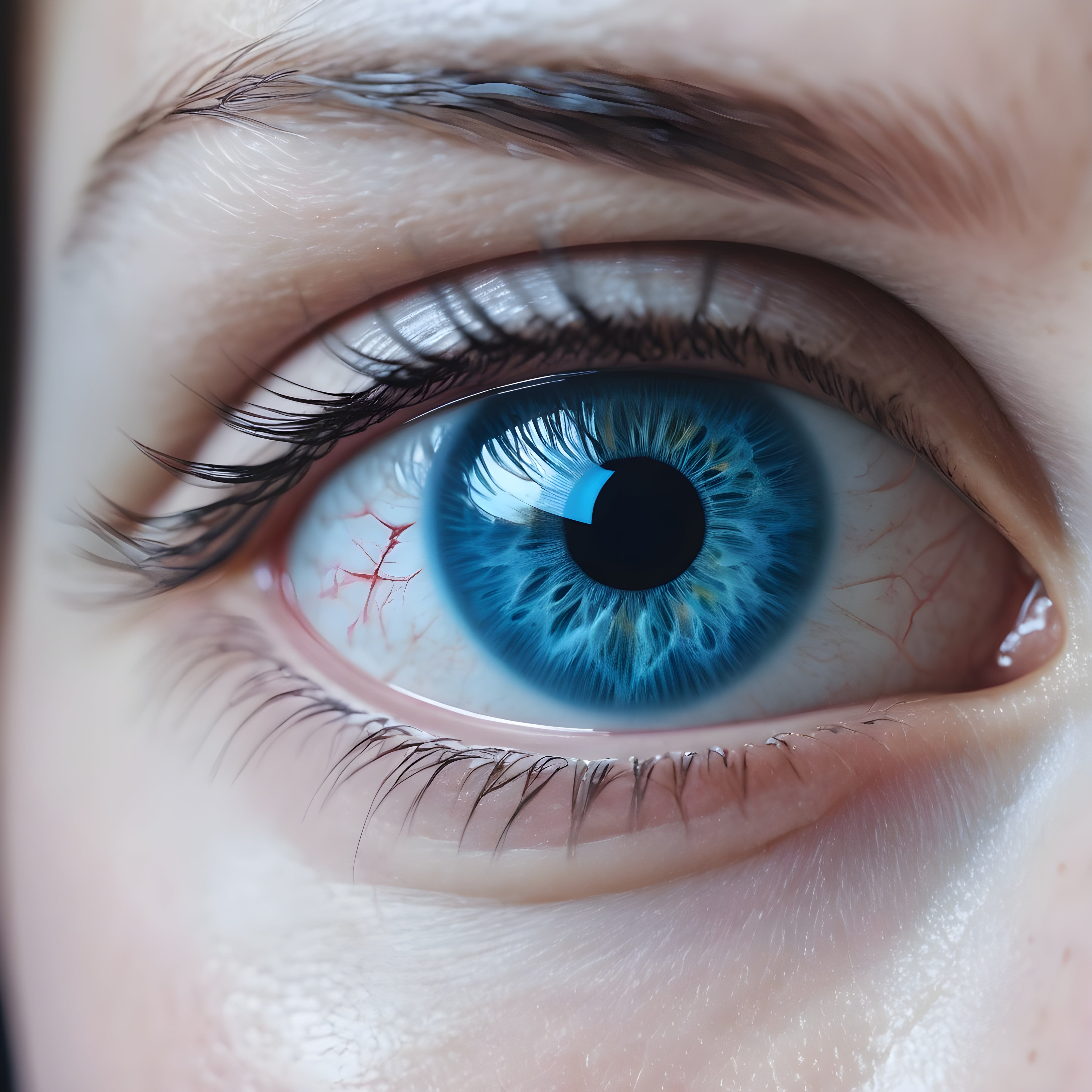 Detailed blue eye surrounded by white sclera and red veins underscores eye health, emphasizing vision support and overall ocular wellness.