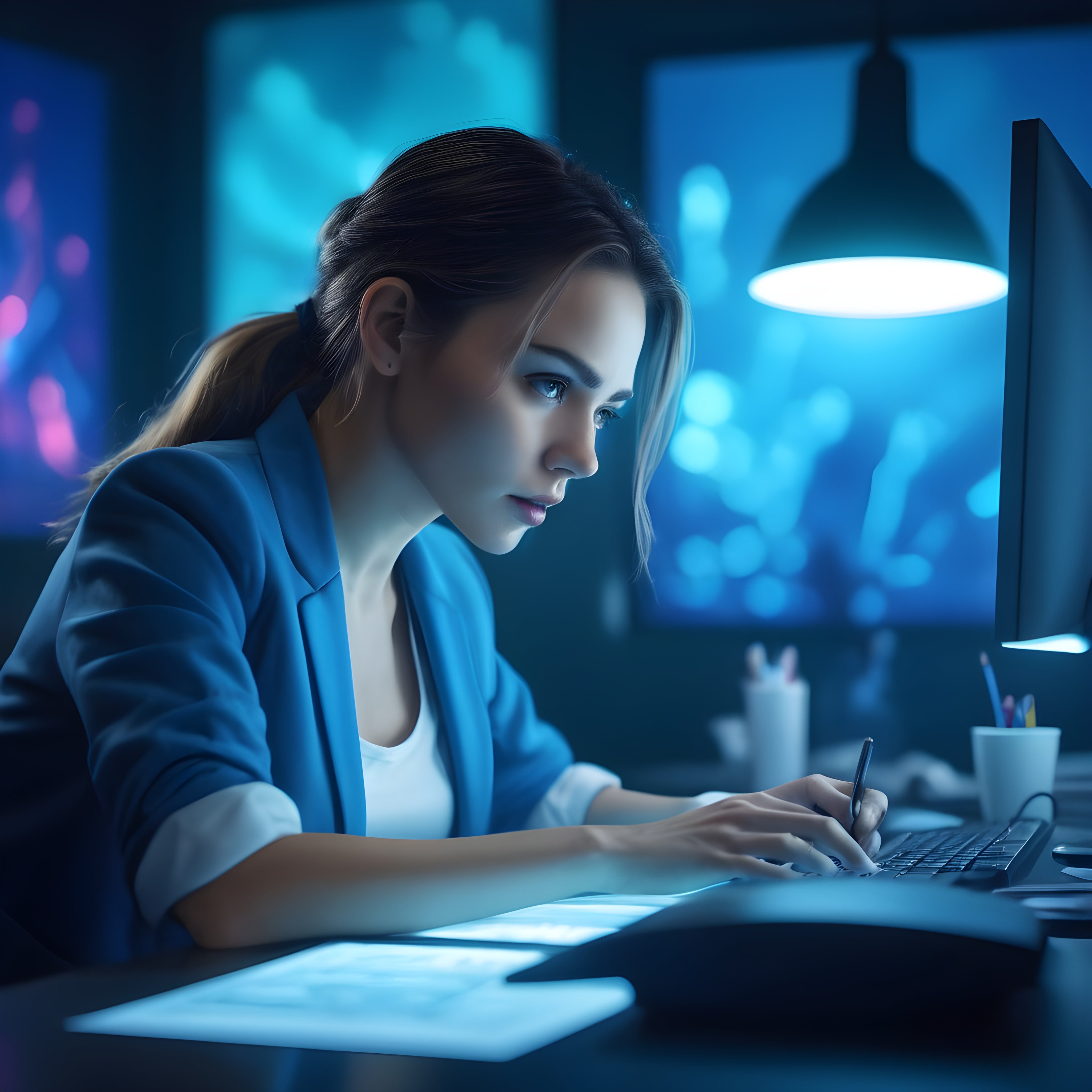 Woman in blue blazer and white shirt works at her desk, lit by a computer screen, displaying mental clarity and focus while boosting overall brain health.