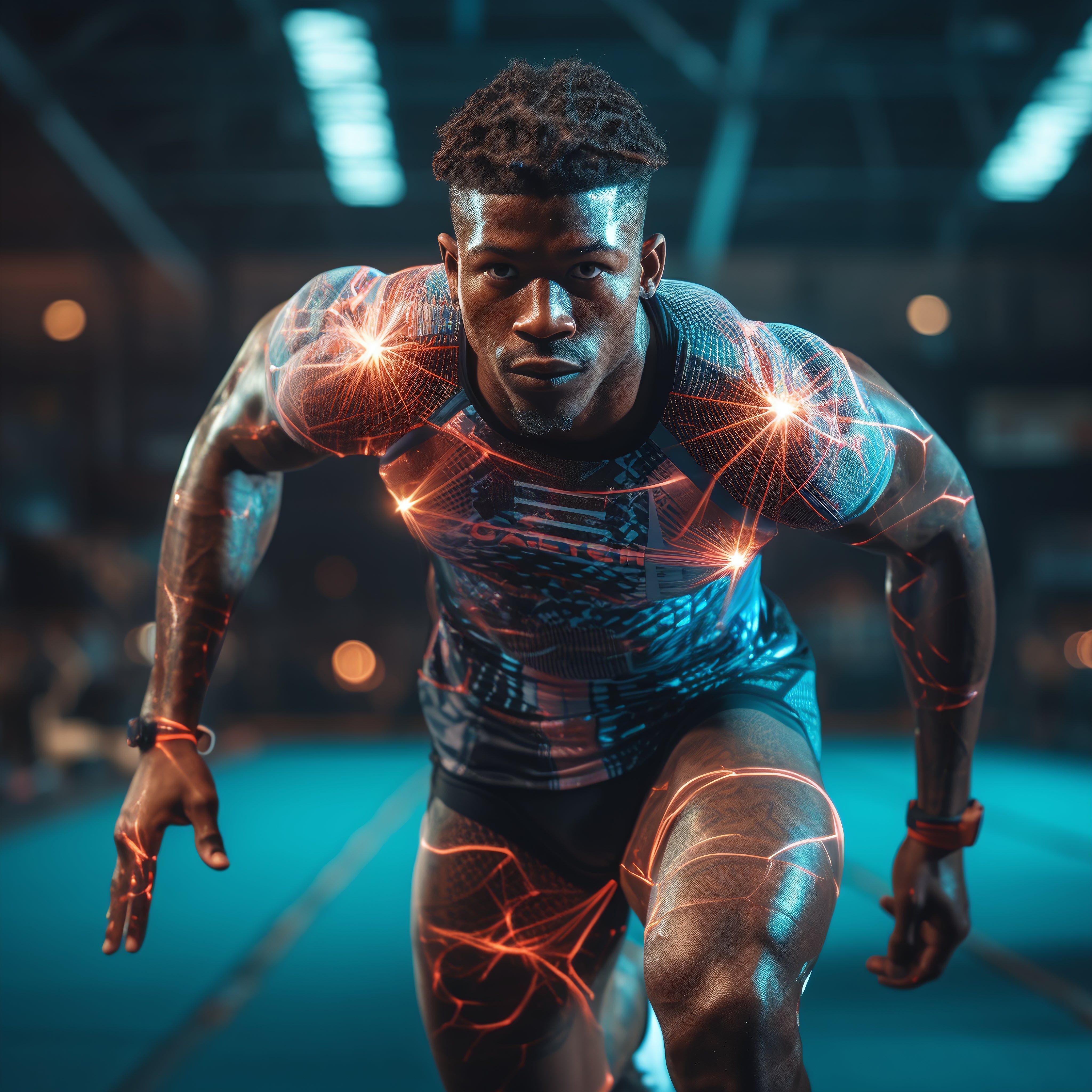 Focused male runner in futuristic athletic gear on a track, representing the concept of male optimization and enhanced physical performance.