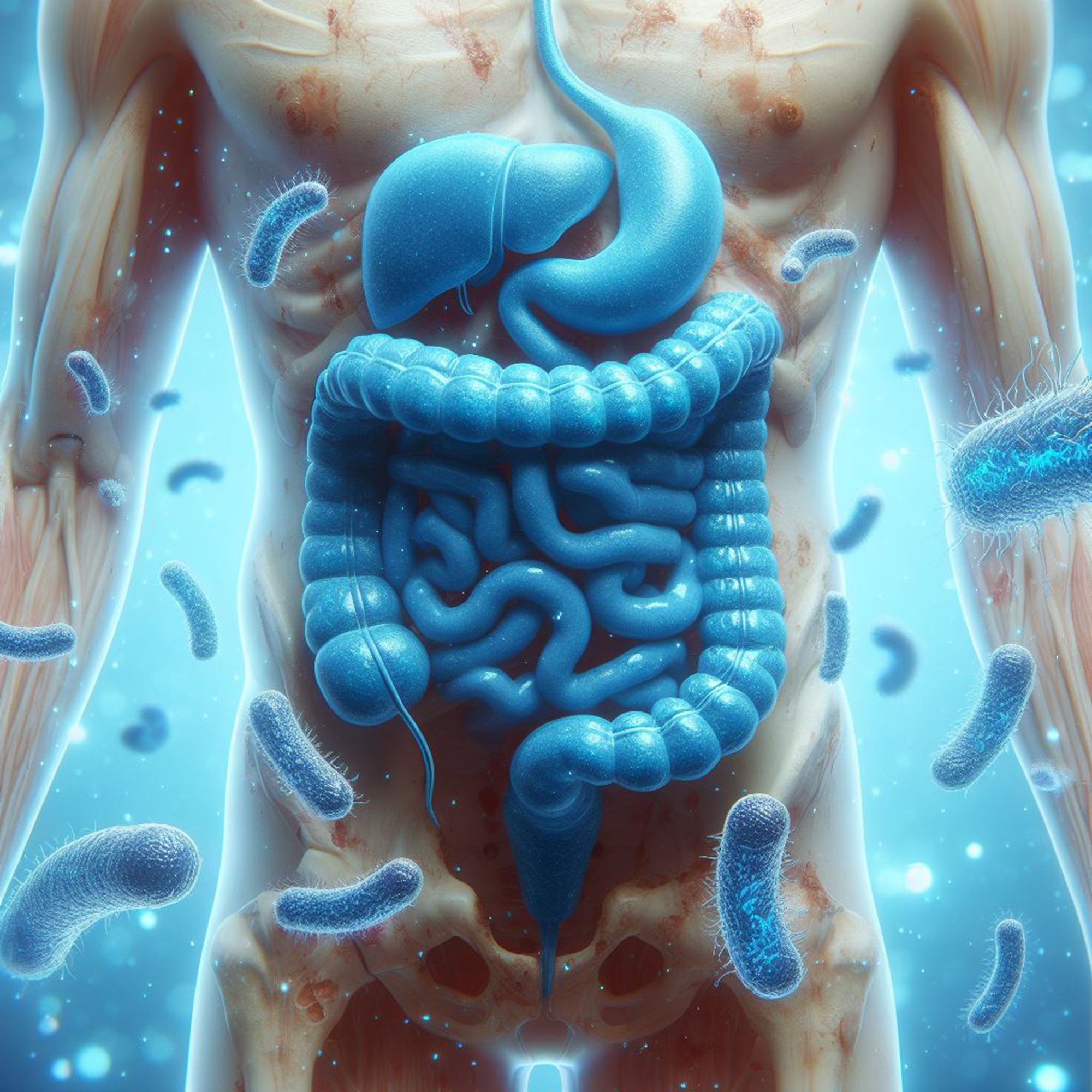 Illustration showing digestive system and bacteria highlights digestive enzymes' role in food breakdown for gastrointestinal health.