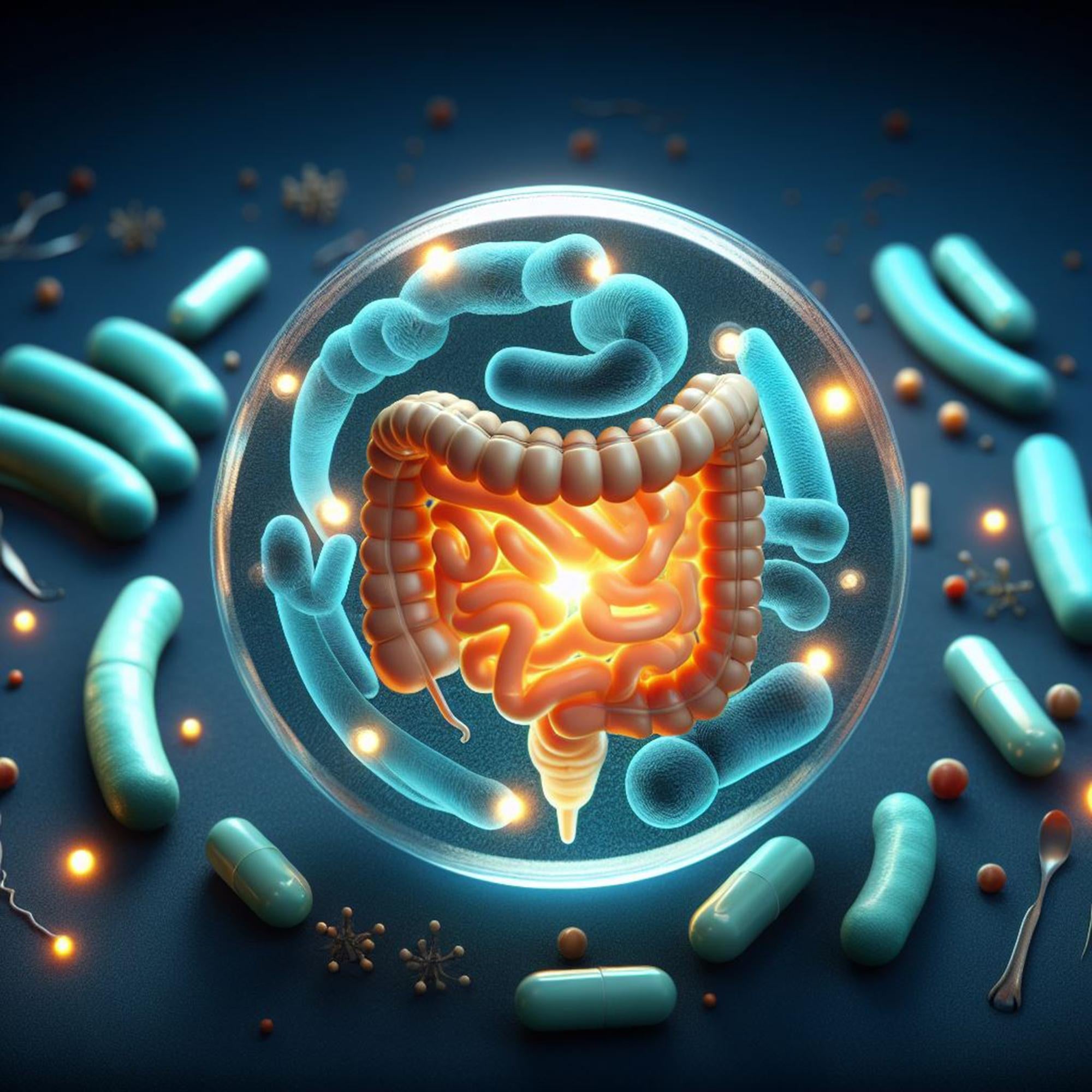 Glowing illustration of digestive tract surrounded by bacteria symbolizing gut microbiome and enhanced by probiotics for gut health and immune support.