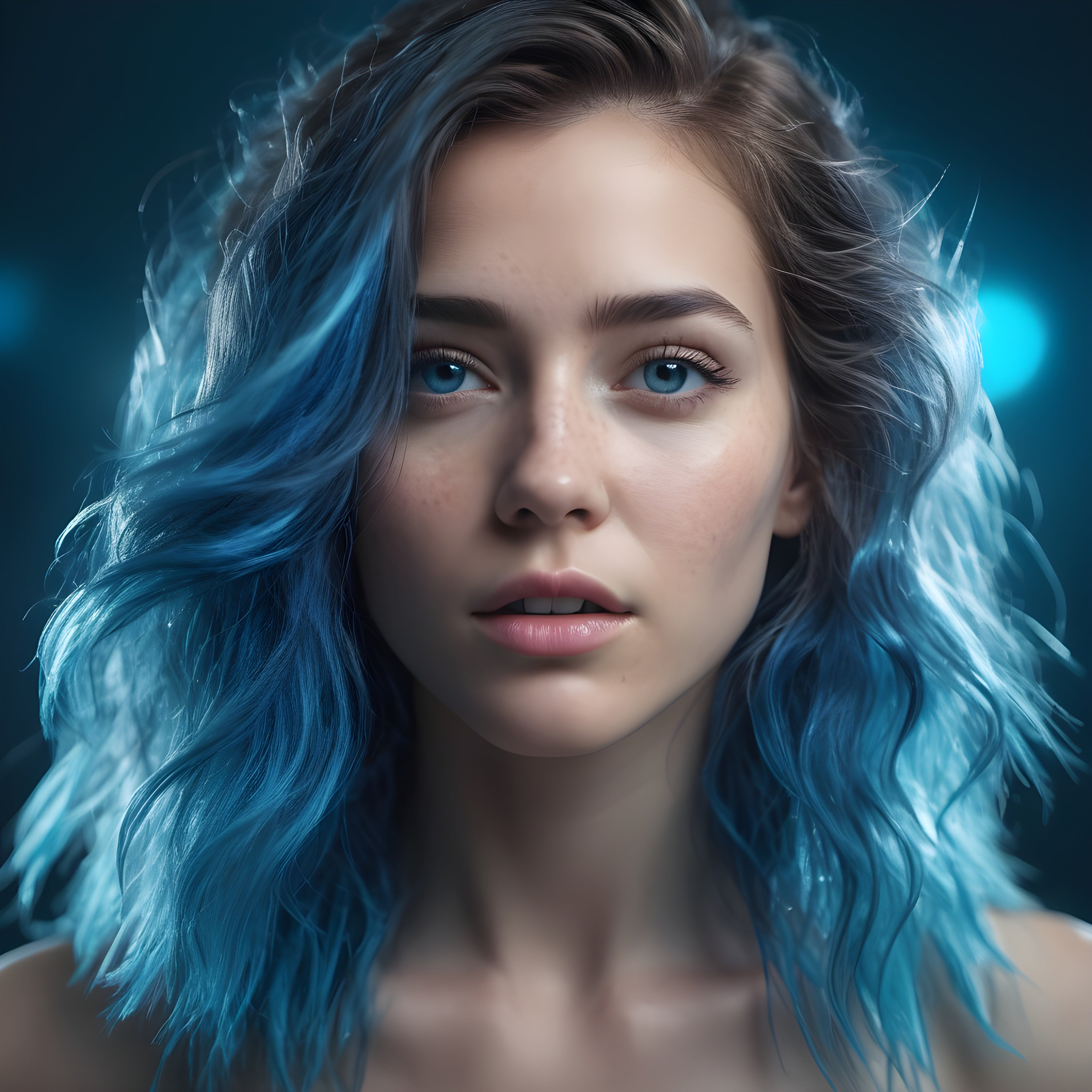 Young woman with vibrant blue hair and neutral expression emphasizes commitment to hair health and vibrant hair strength.