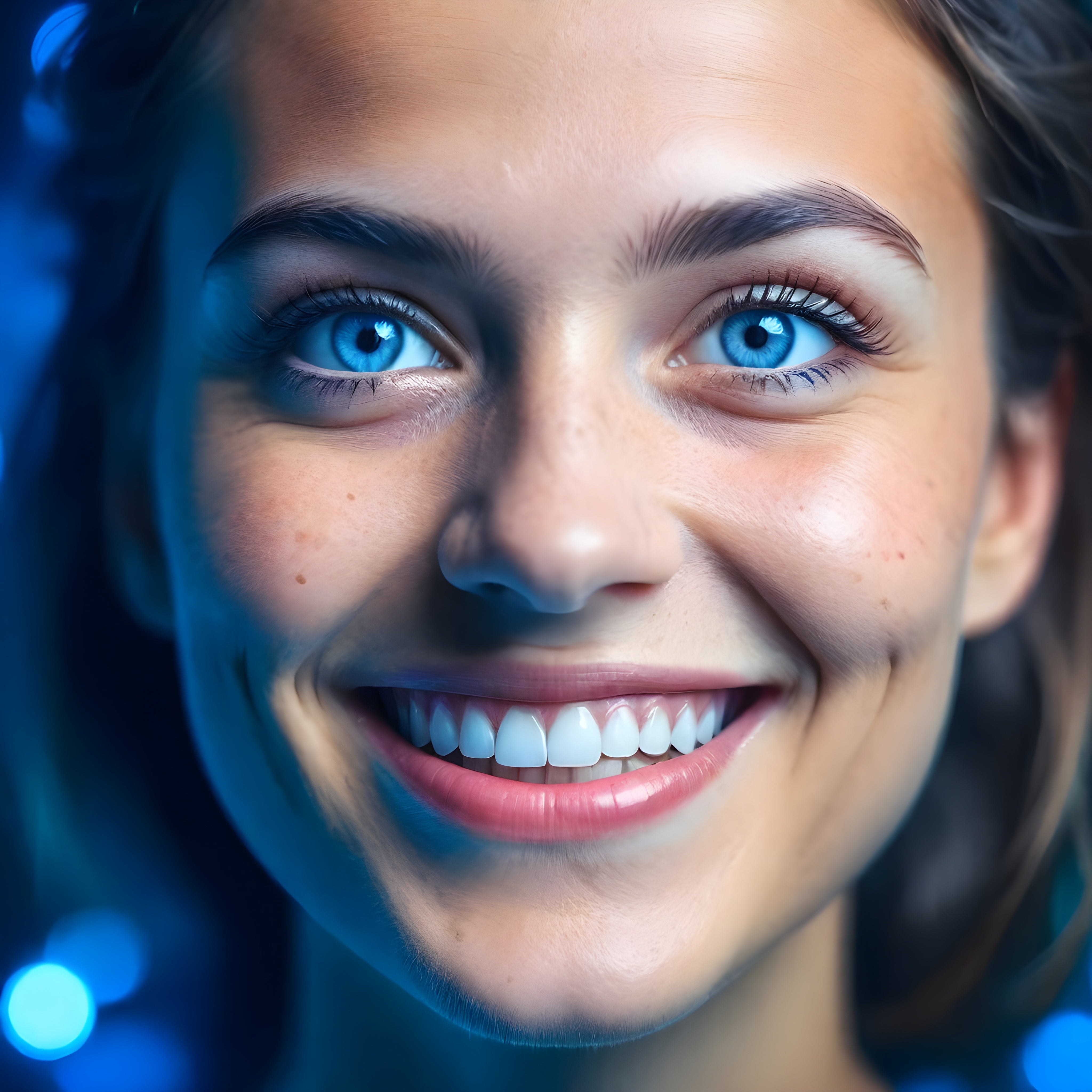 Portrait of a smiling woman with bright blue eyes, representing the concept of mood support for enhancing emotional well-being.