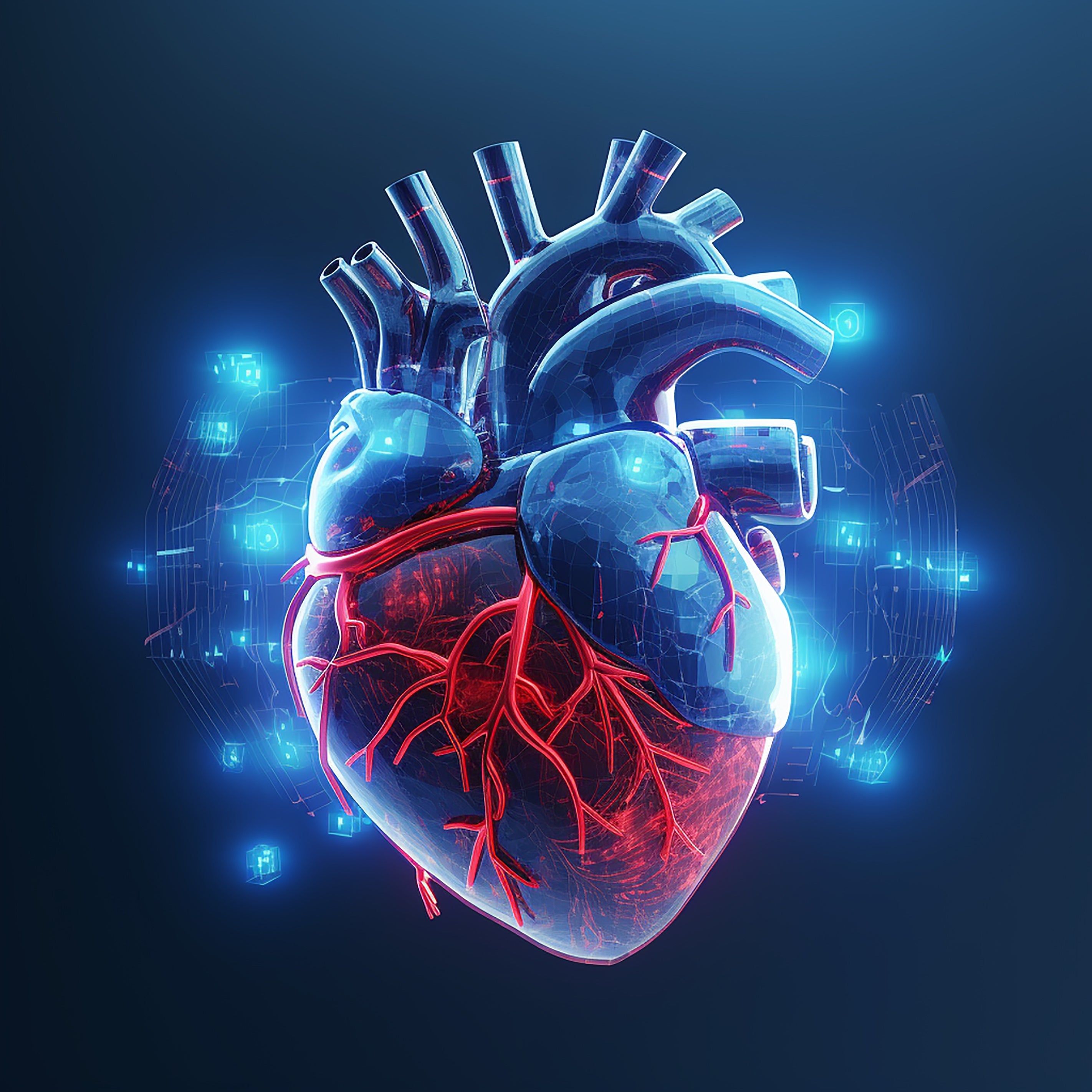 Digitally enhanced 3D heart with red arteries and veins, glowing blue light, emphasizing cardiovascular health for optimal heart function and circulation.