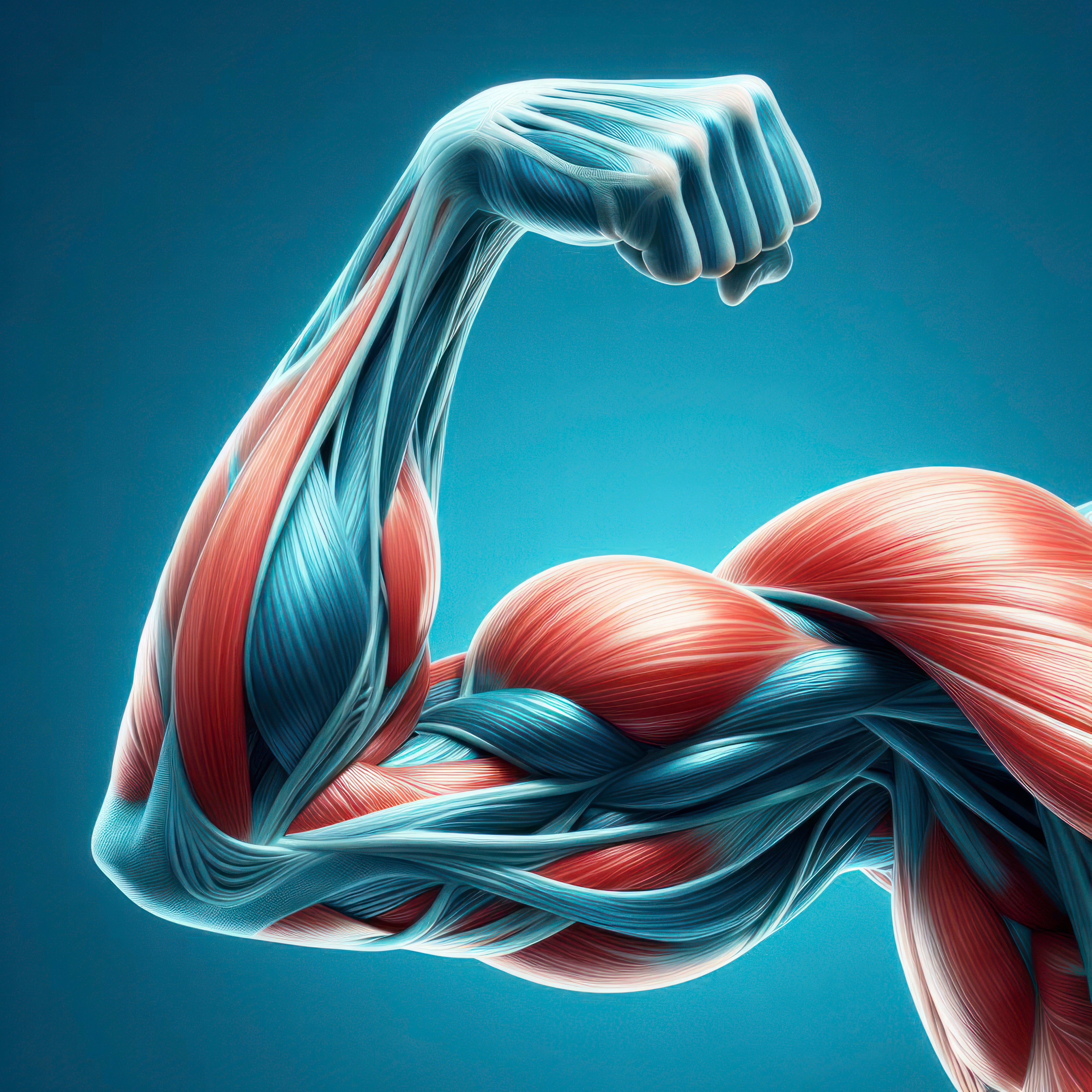 Diagram of a flexed muscular arm with detailed anatomical structures showing in blue and red, promoting muscle health, endurance, and injury prevention.