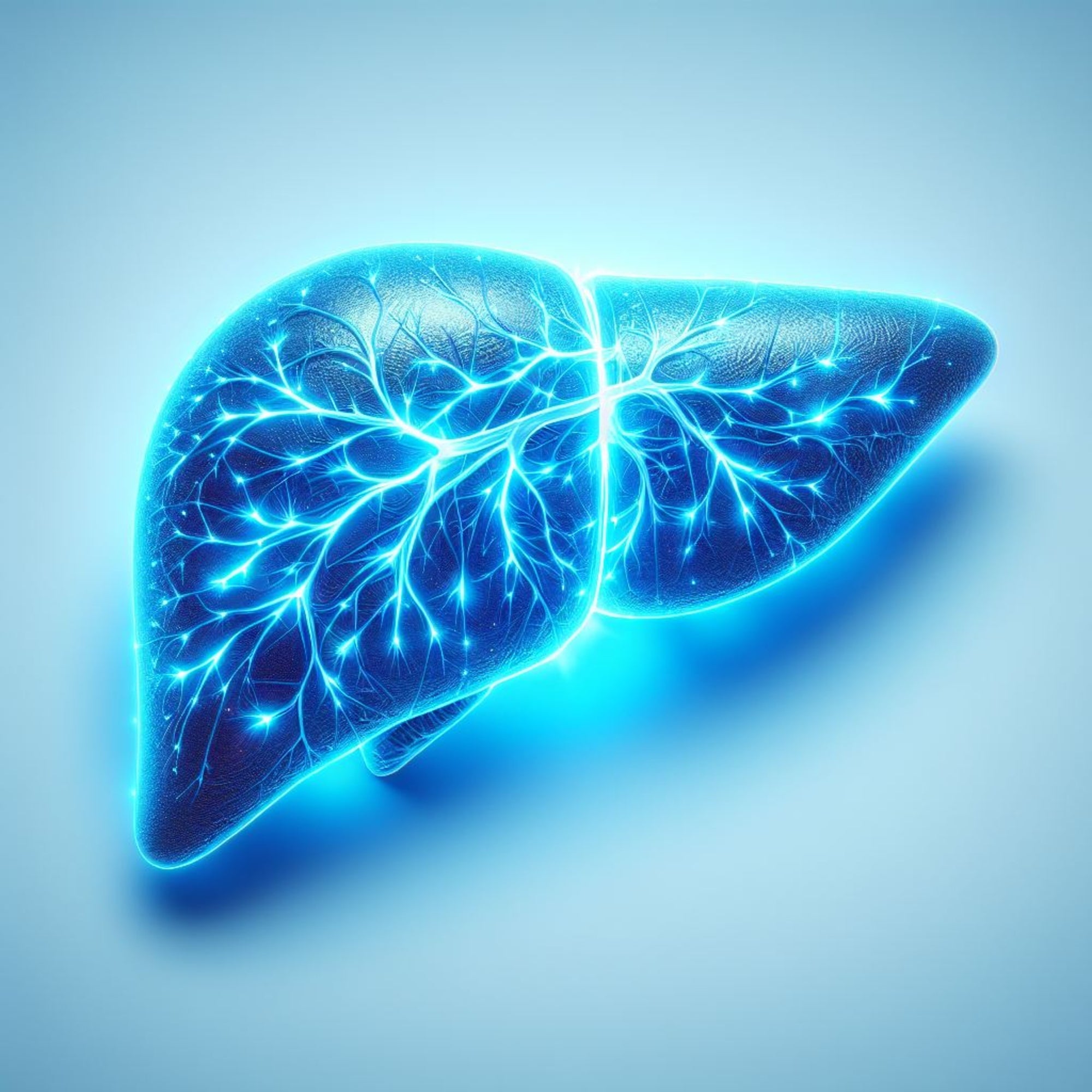 Digital illustration of a glowing liver in bright blue accentuates liver health, highlighting vital detoxification for vitality.