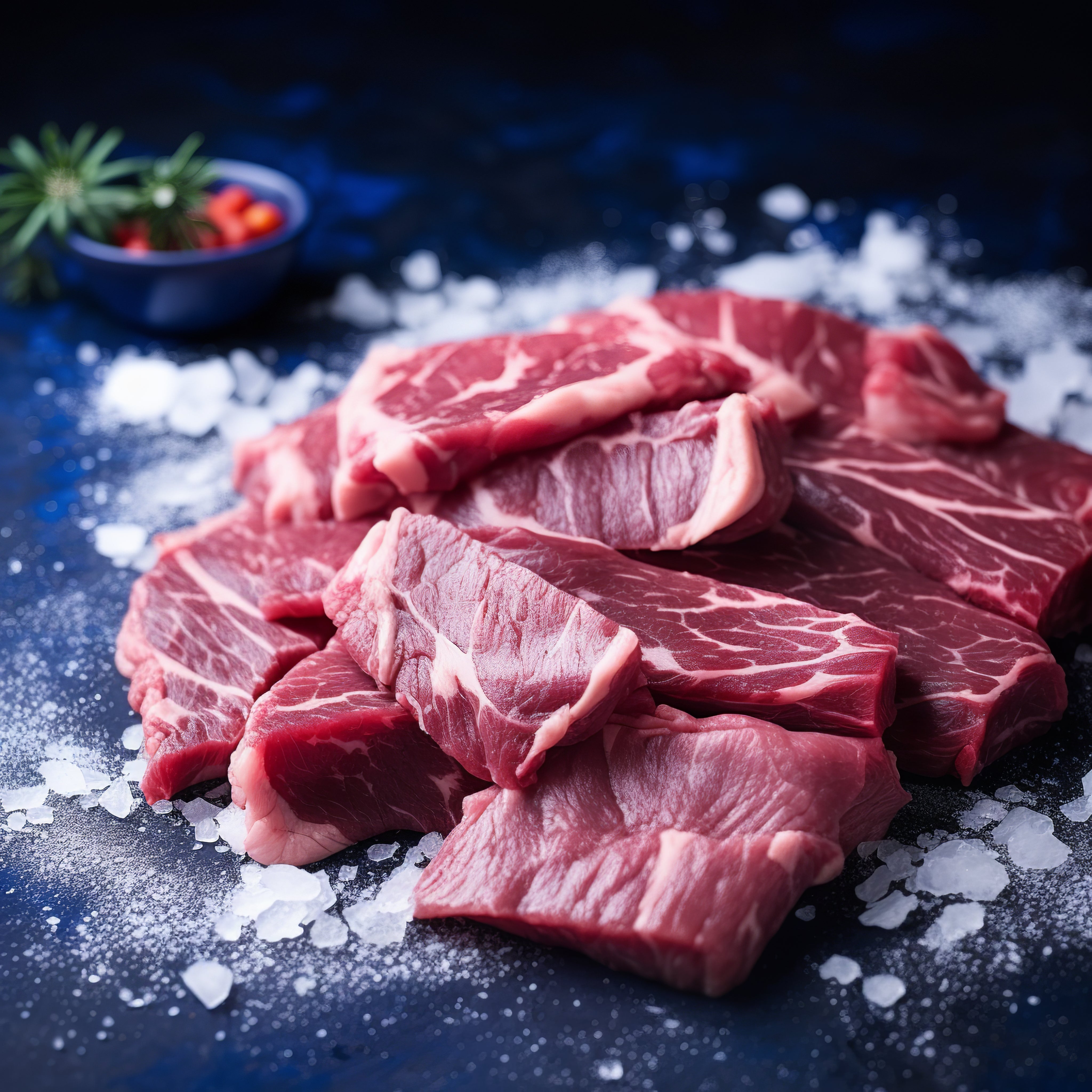 Raw beef steaks on dark blue surface with salt, chili peppers, and rosemary represent collagen supplements for skin elasticity and joint health.