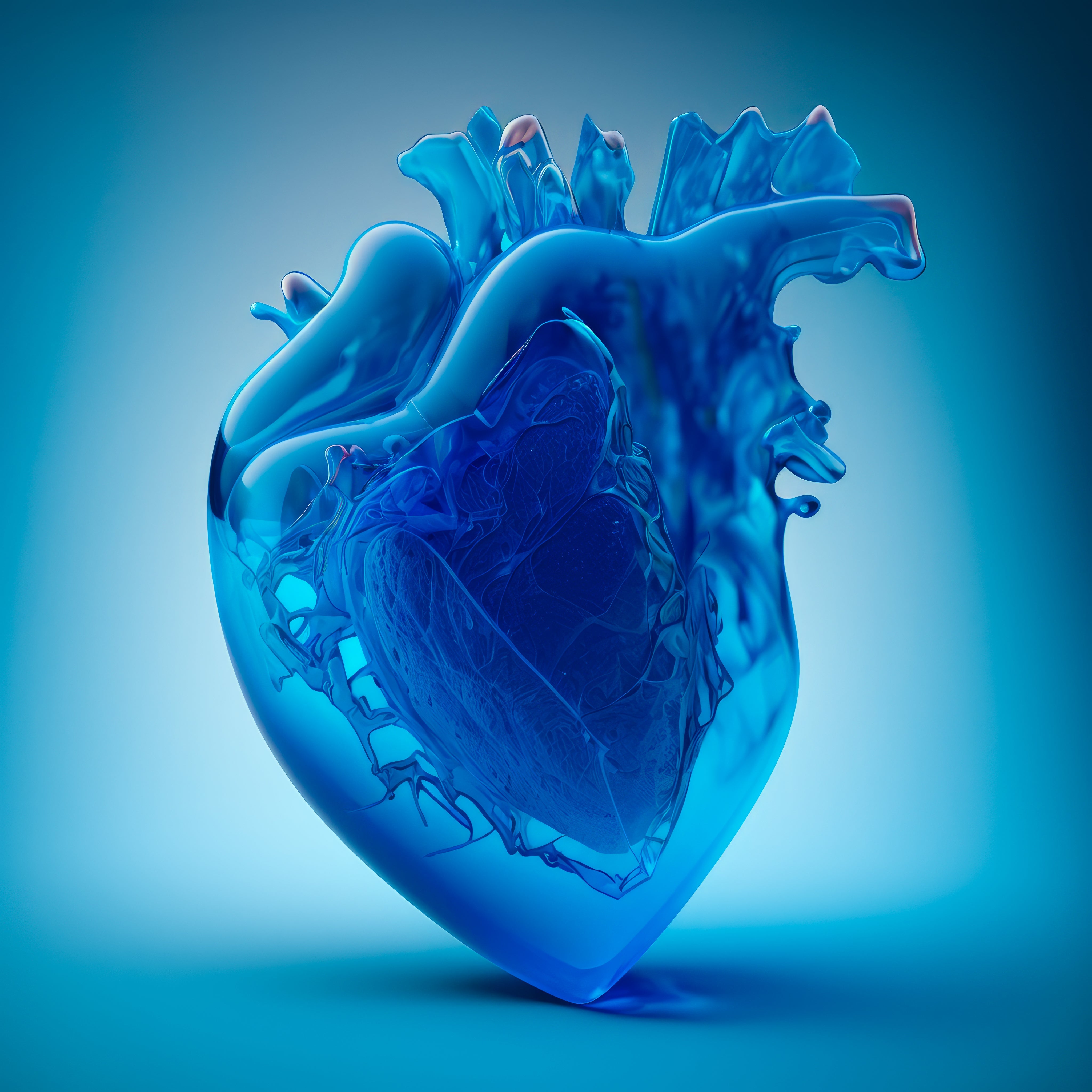 Polished blue heart sculpture against gradient background embodies heart health, promoting healthy blood circulation.