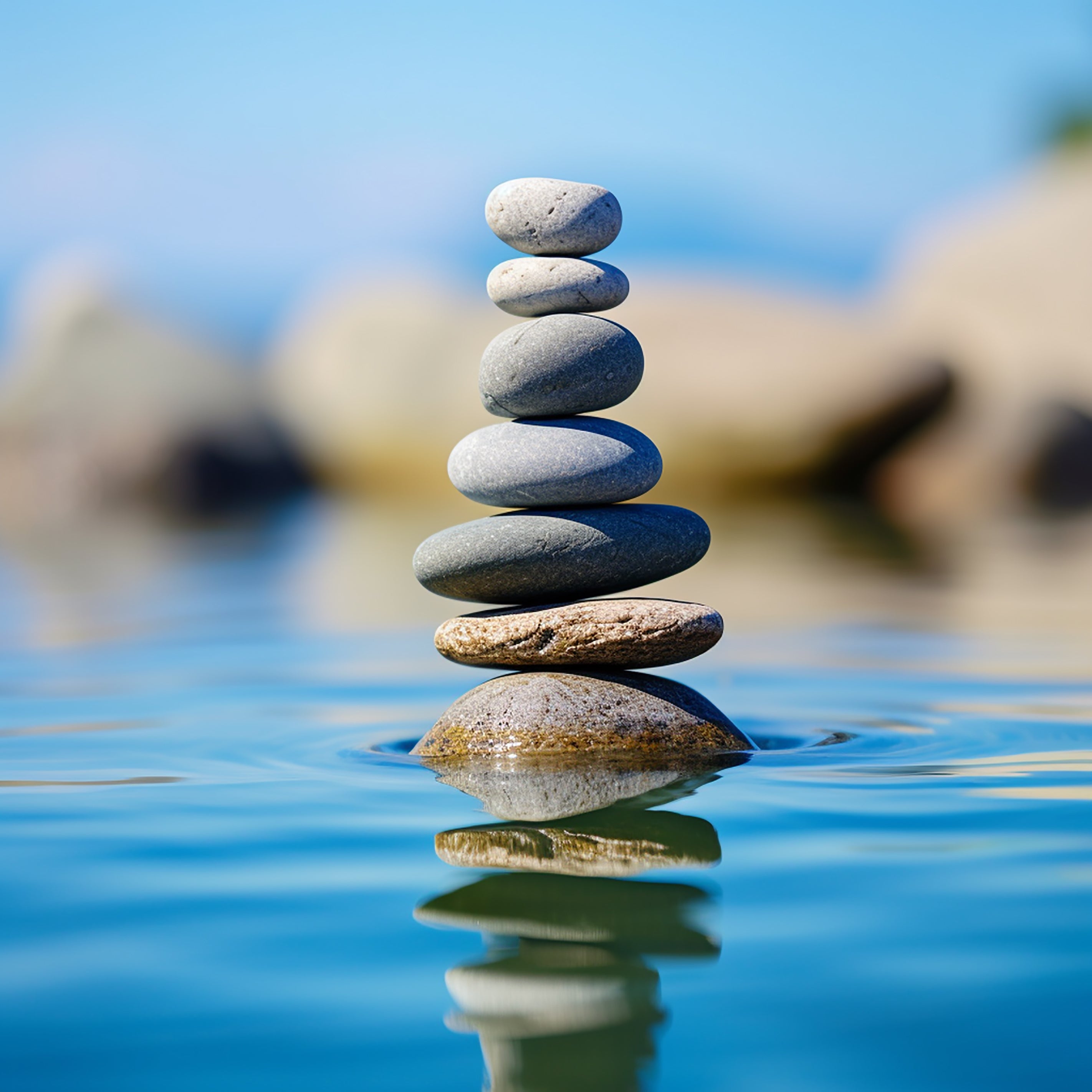 Piles of smooth stones in calm water symbolize hormonal balance, reflecting stability for physical and emotional health.