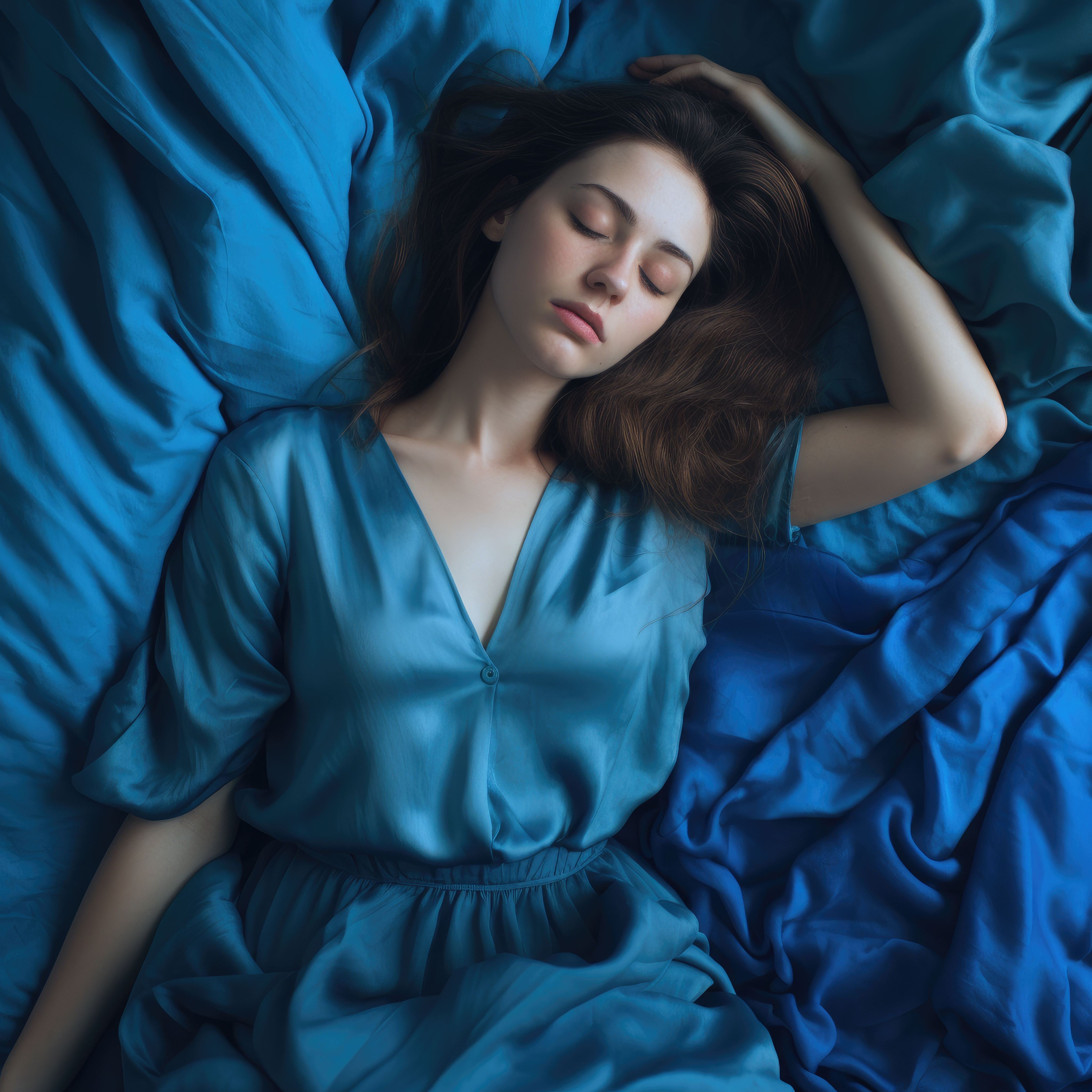 Young woman with brown hair lies peacefully on a bed covered with blue satin sheets, embodying sleep optimization.