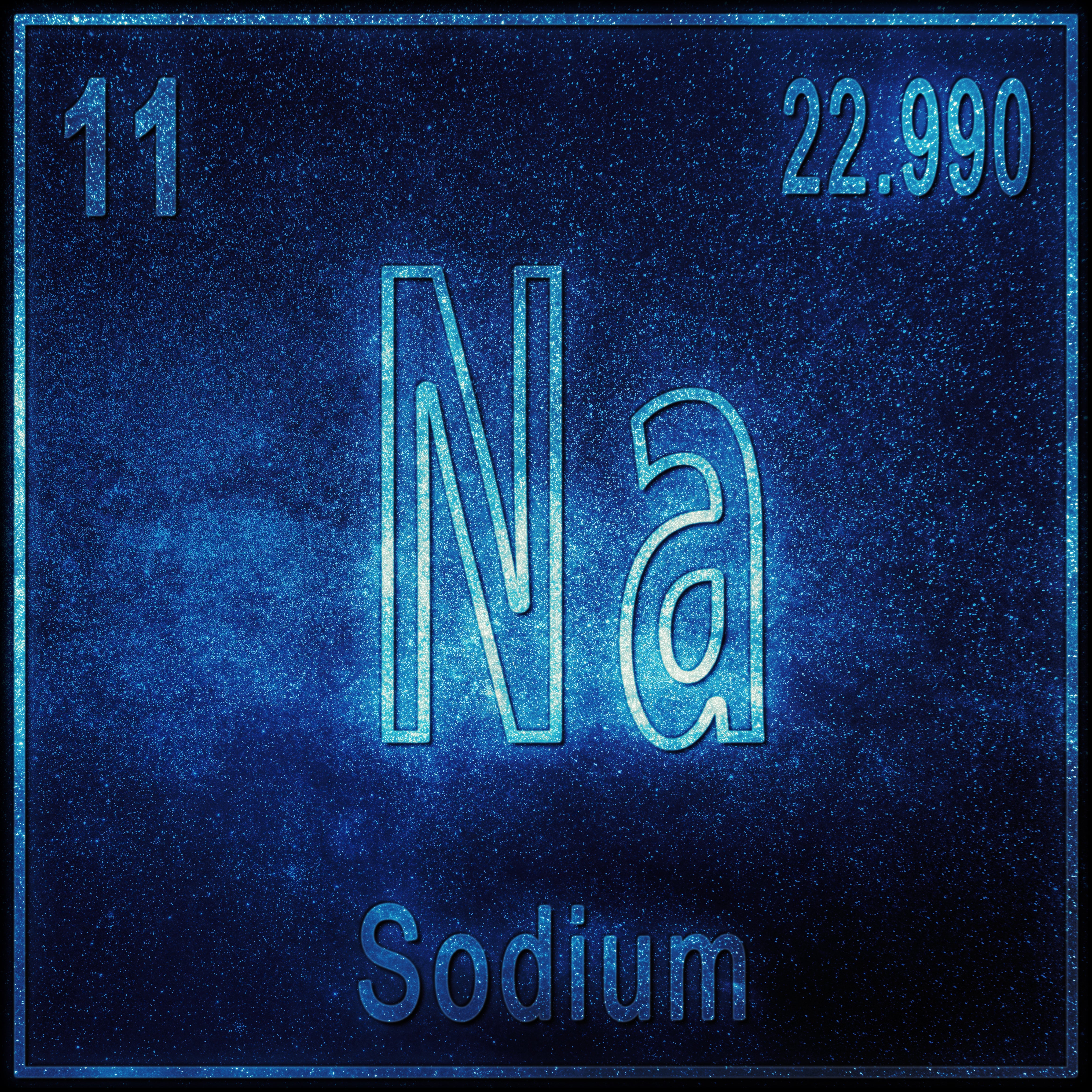 Stylized Sodium (Na) element tile with deep blue background and atomic details, represents electrolytes for hydration balance during intense activities.