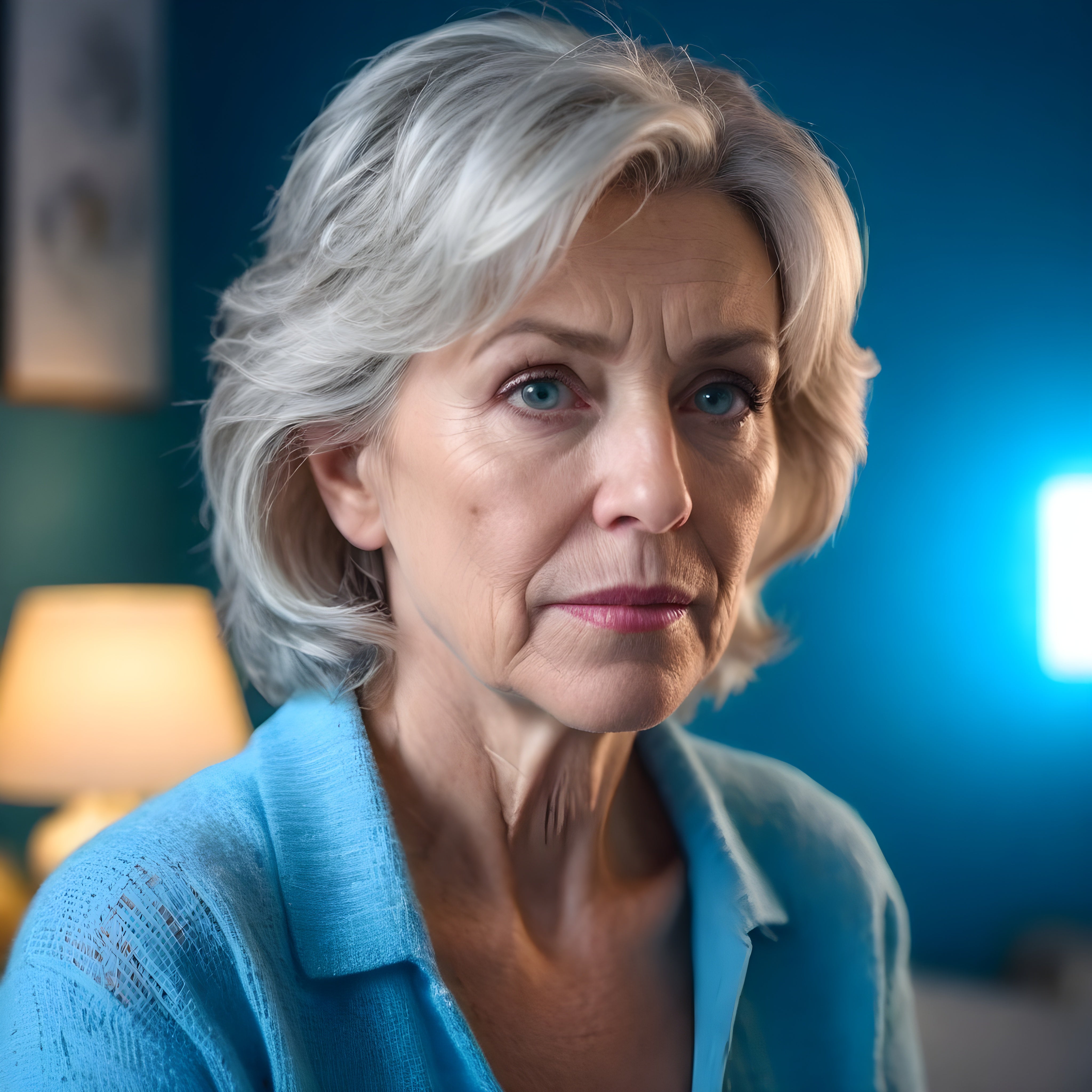 Older woman in a blue top with short gray hair and blue eyes is sitting in a well-lit room, contemplating menopause support, easing symptoms for comfort and well-being.