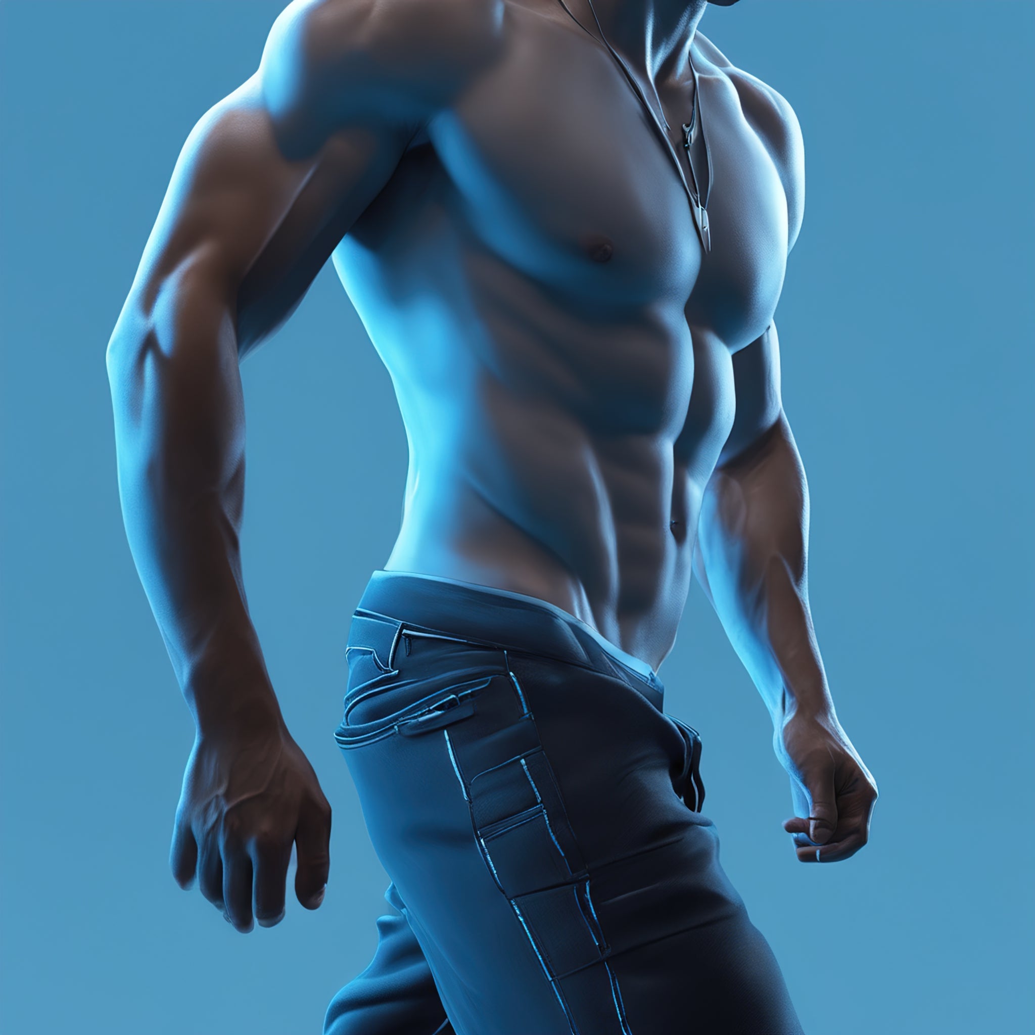 Shirtless person with a muscular build standing against a blue background, showcasing benefits of performance enhancers for peak results.