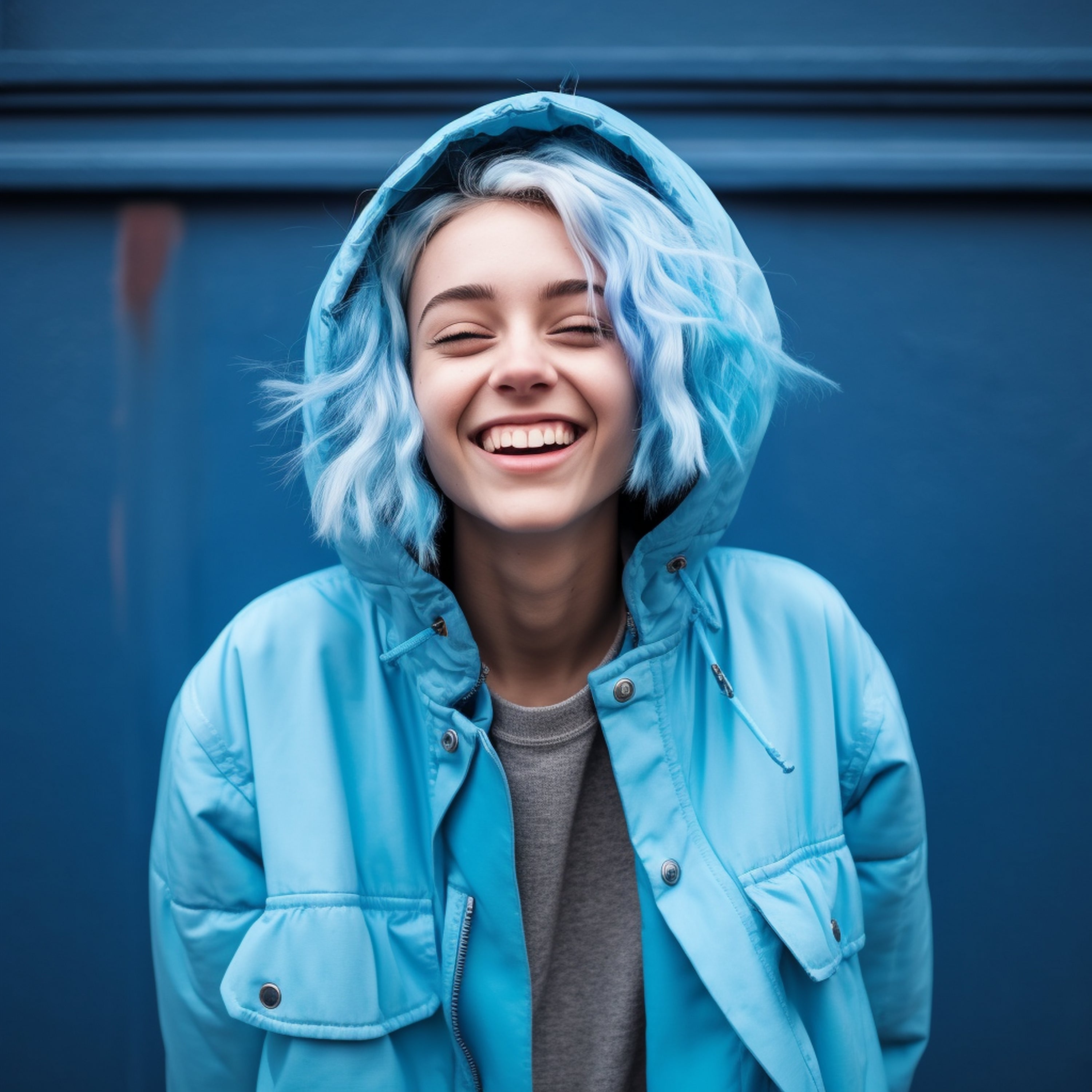 Smiling woman with blue hair and jacket against a blue wall symbolizes longevity through healthy living and nutrition.