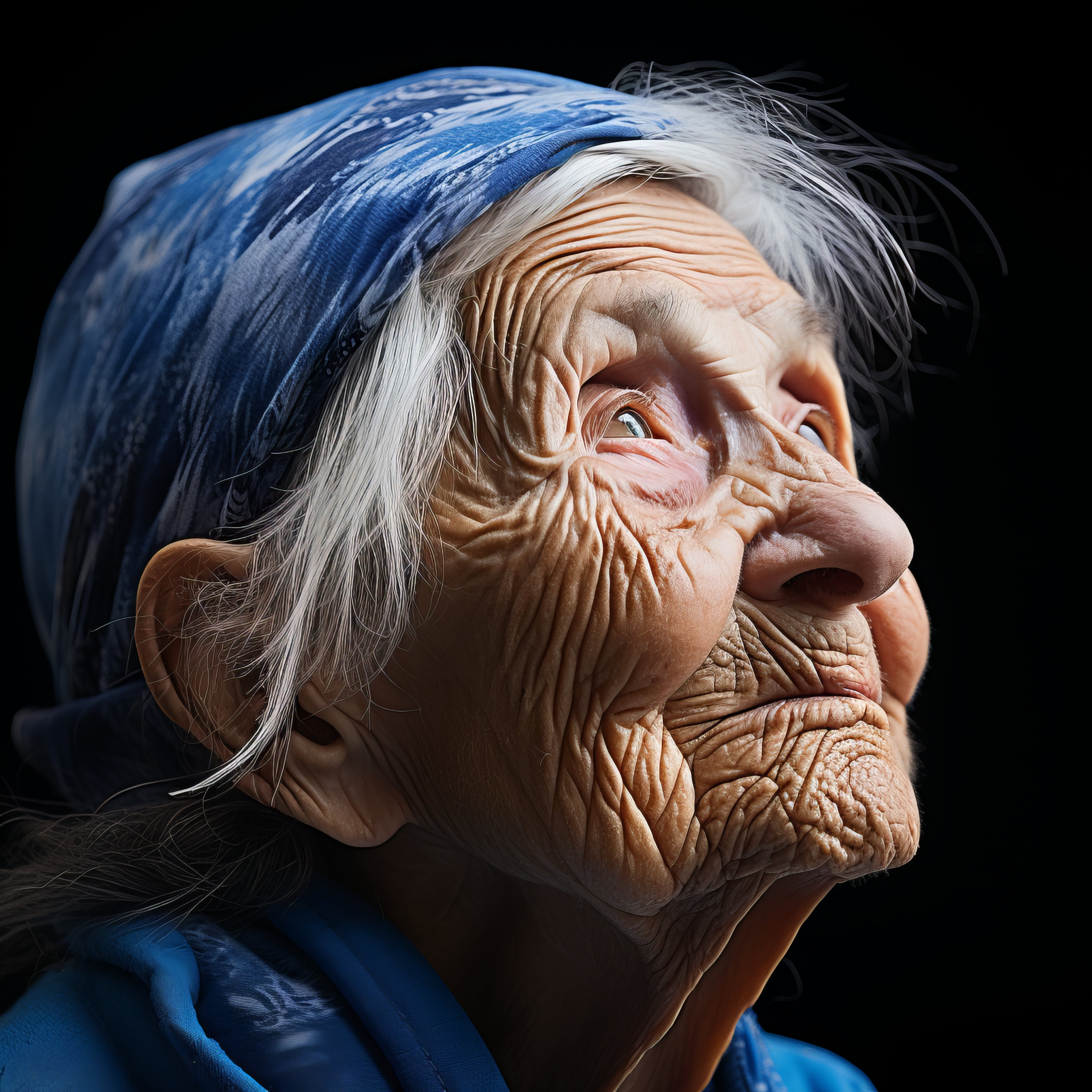 Elderly woman with wrinkles wearing a blue scarf, showcasing anti-aging support for reducing signs of aging and promoting youthful skin.