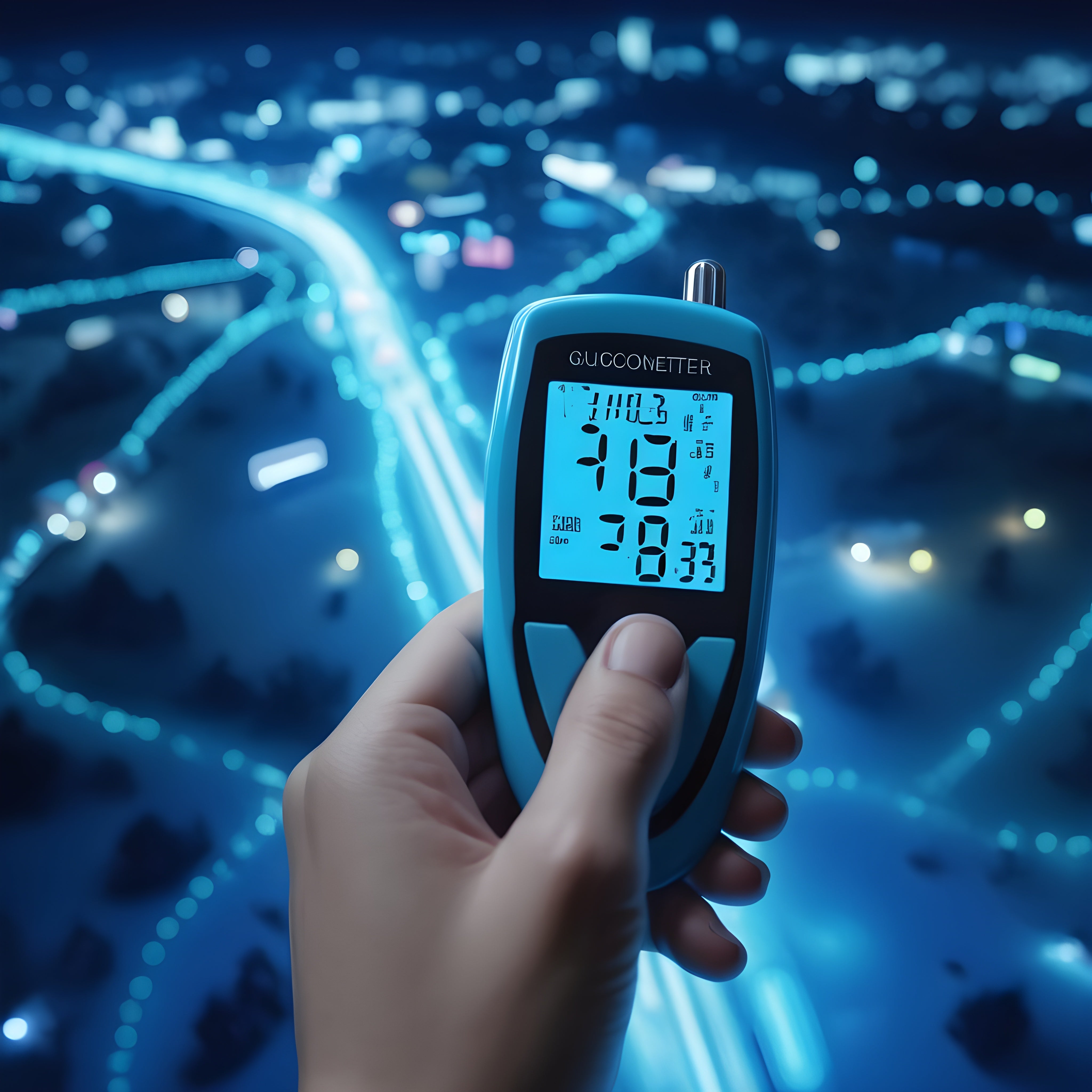 Hand holding blue glucometer displaying readings for blood sugar support against a nighttime cityscape backdrop, promoting healthy glucose levels.