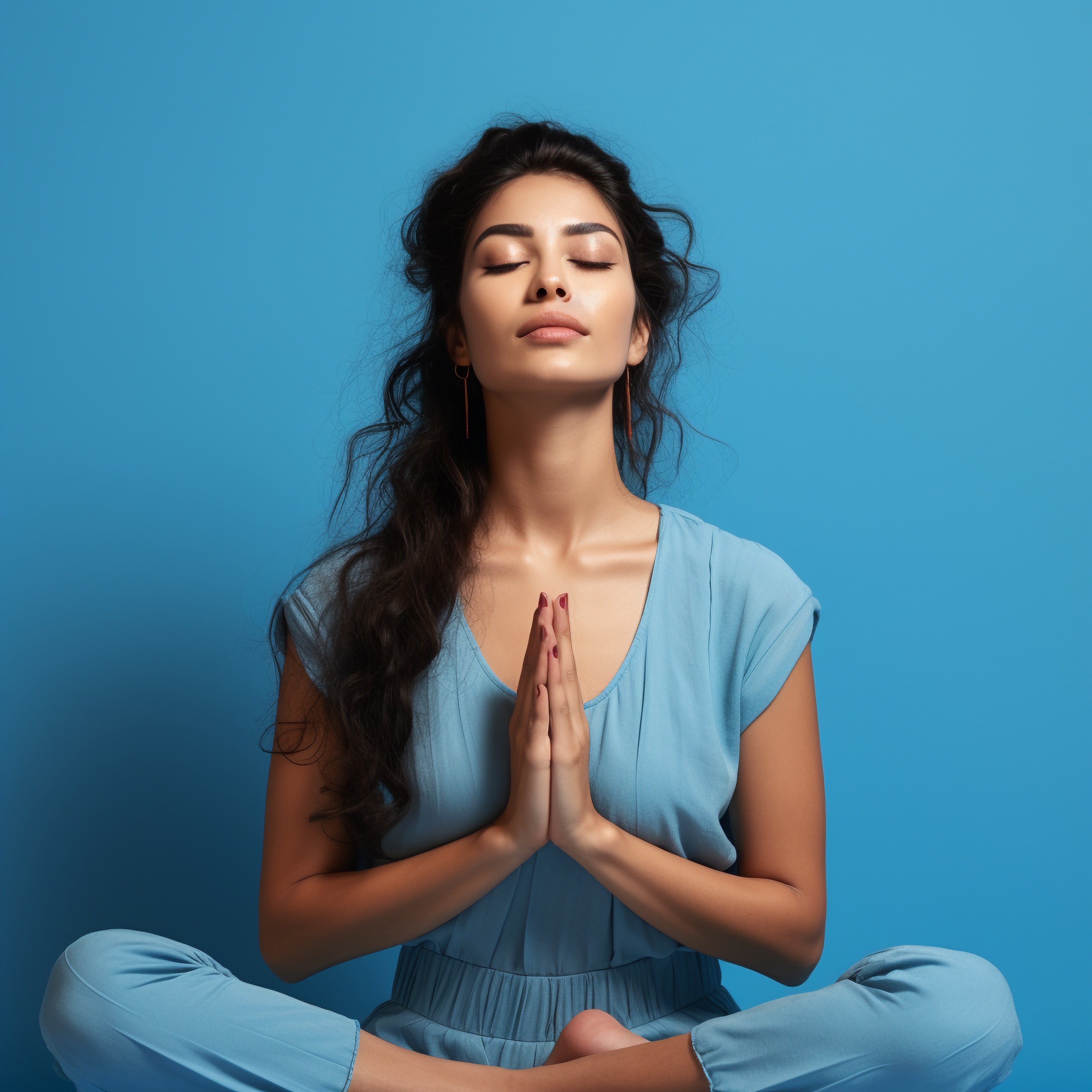 Woman with long hair sitting cross-legged meditating in light blue attire against blue background, promoting relaxation and mental tranquility.