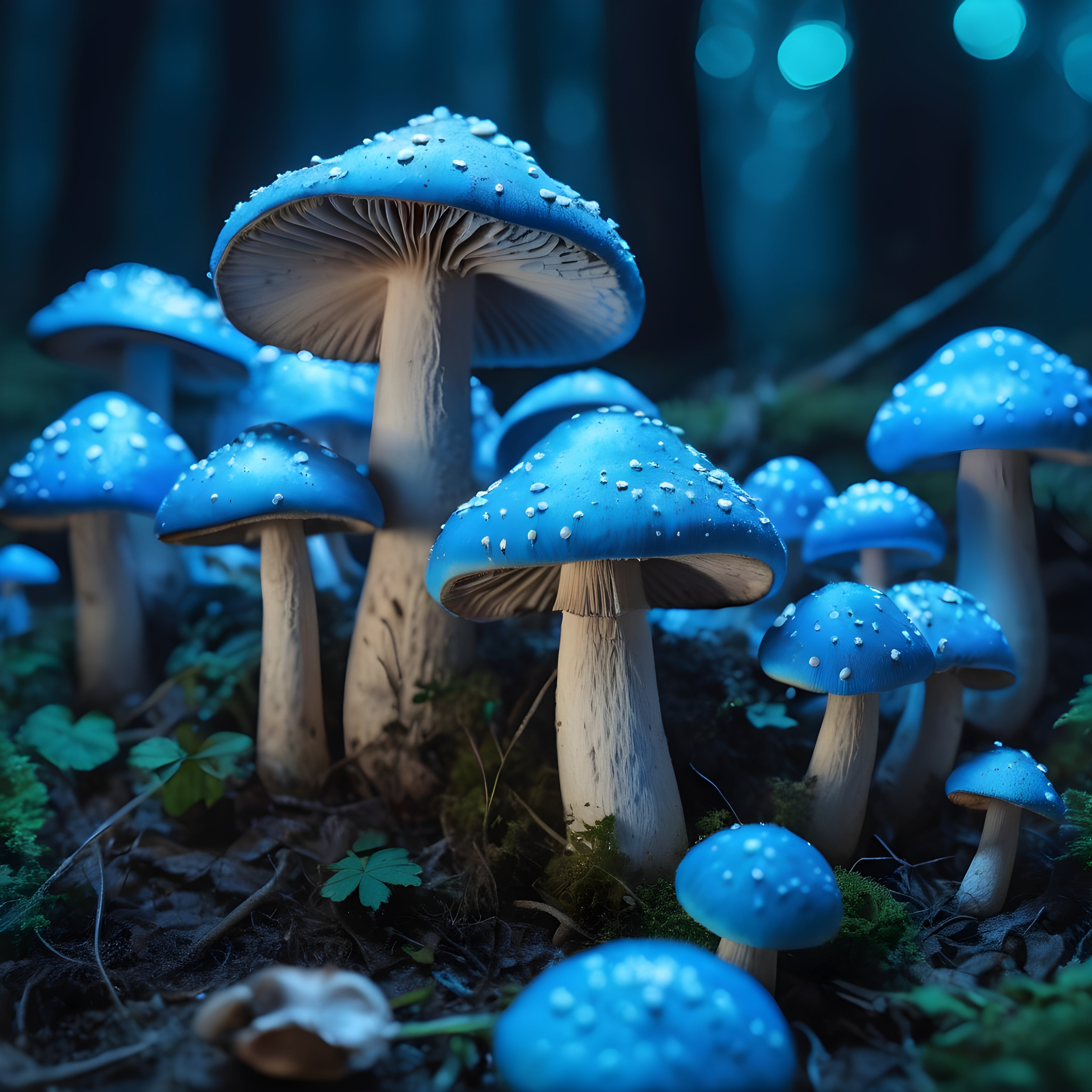 Cluster of glowing blue mushrooms in forest setting evokes 'The X Brain Bundle’, promoting cognitive enhancement and brain health.