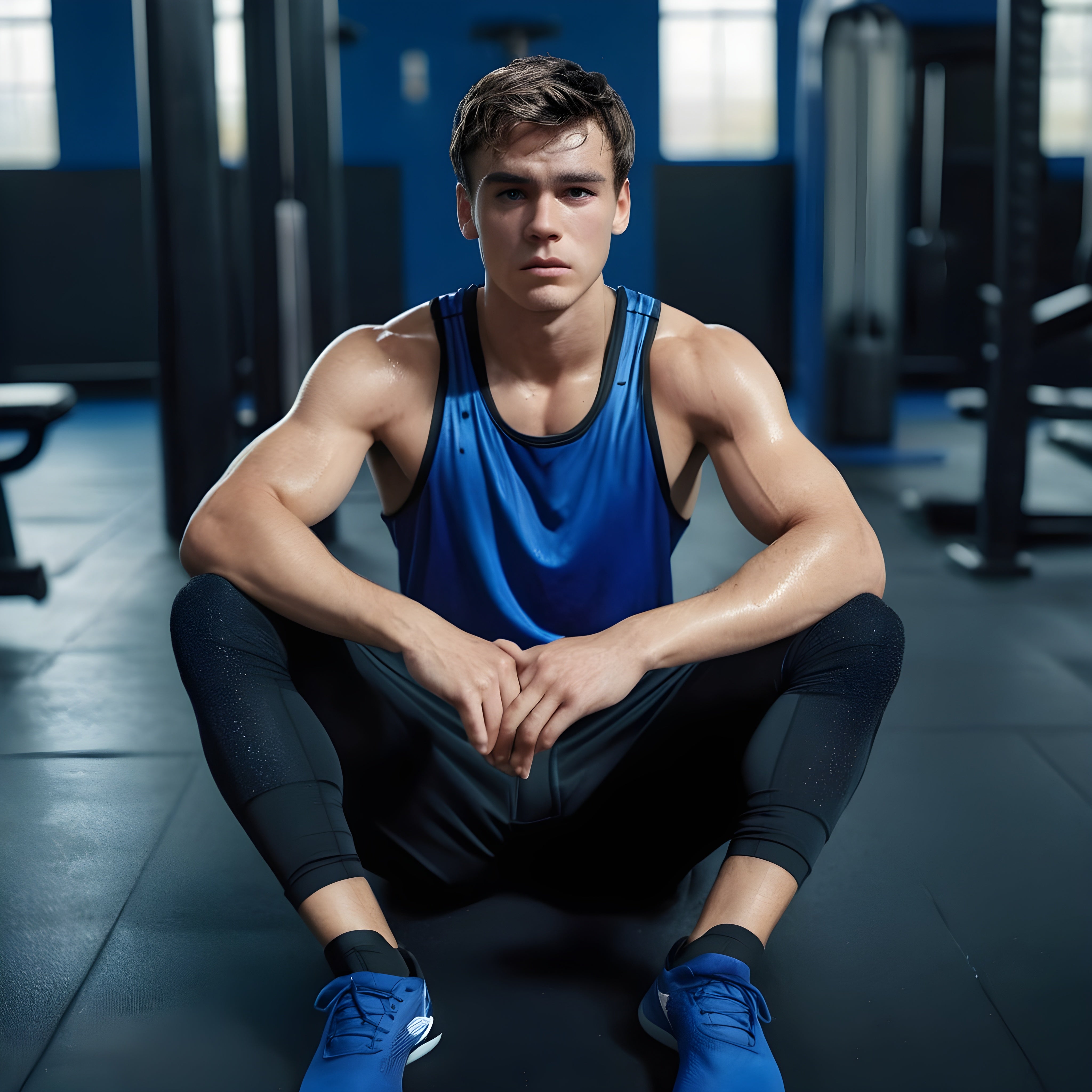Young man in a blue tank top and black athletic pants is sitting cross-legged on the gym floor focusing on recovery after exertion.