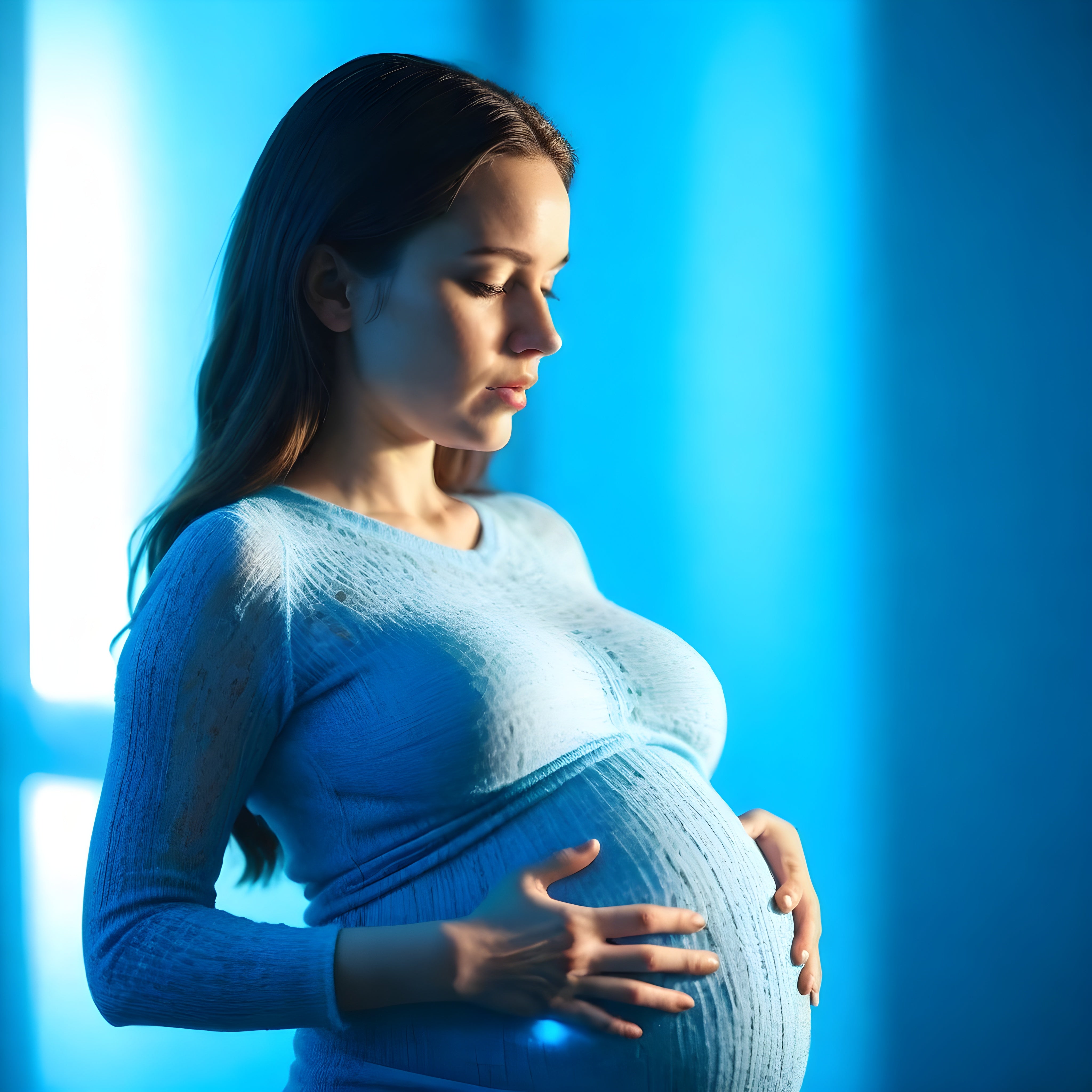 Pregnant woman in a light blue shirt cradles her stomach, symbolizing prenatal health and the nurturing journey for mother and baby’s well-being.