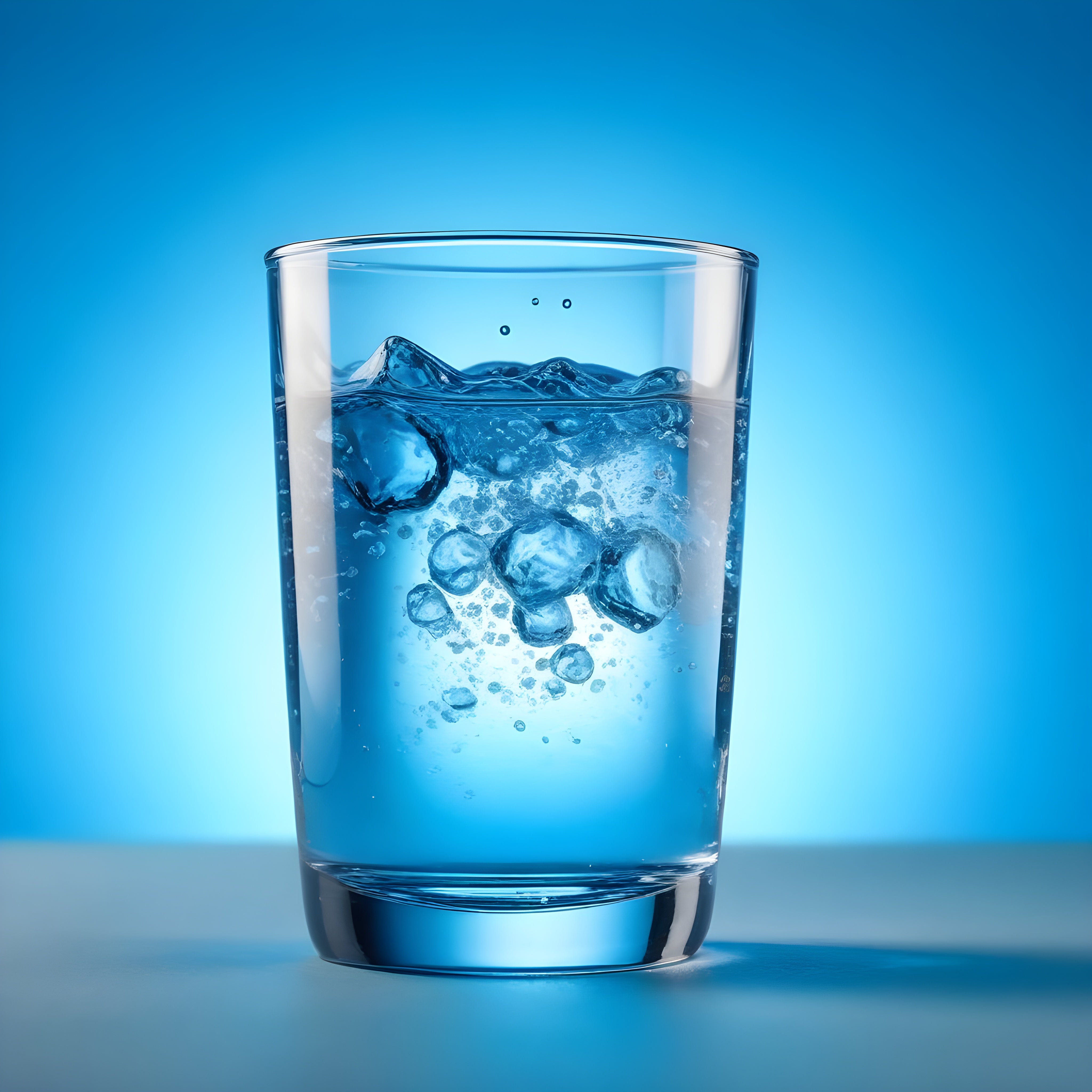 Clear glass of water with ice against blue background promotes hydration, balancing fluids for overall health and well-being.