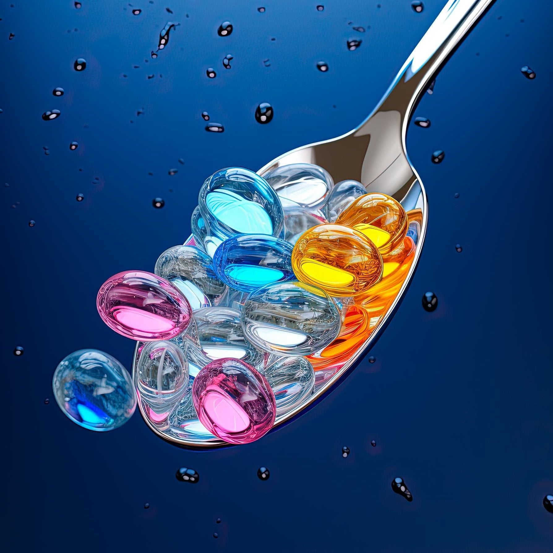 Spoon holding colorful, transparent capsules of vitamins represent vitamins, providing essential nutrients for optimal health.