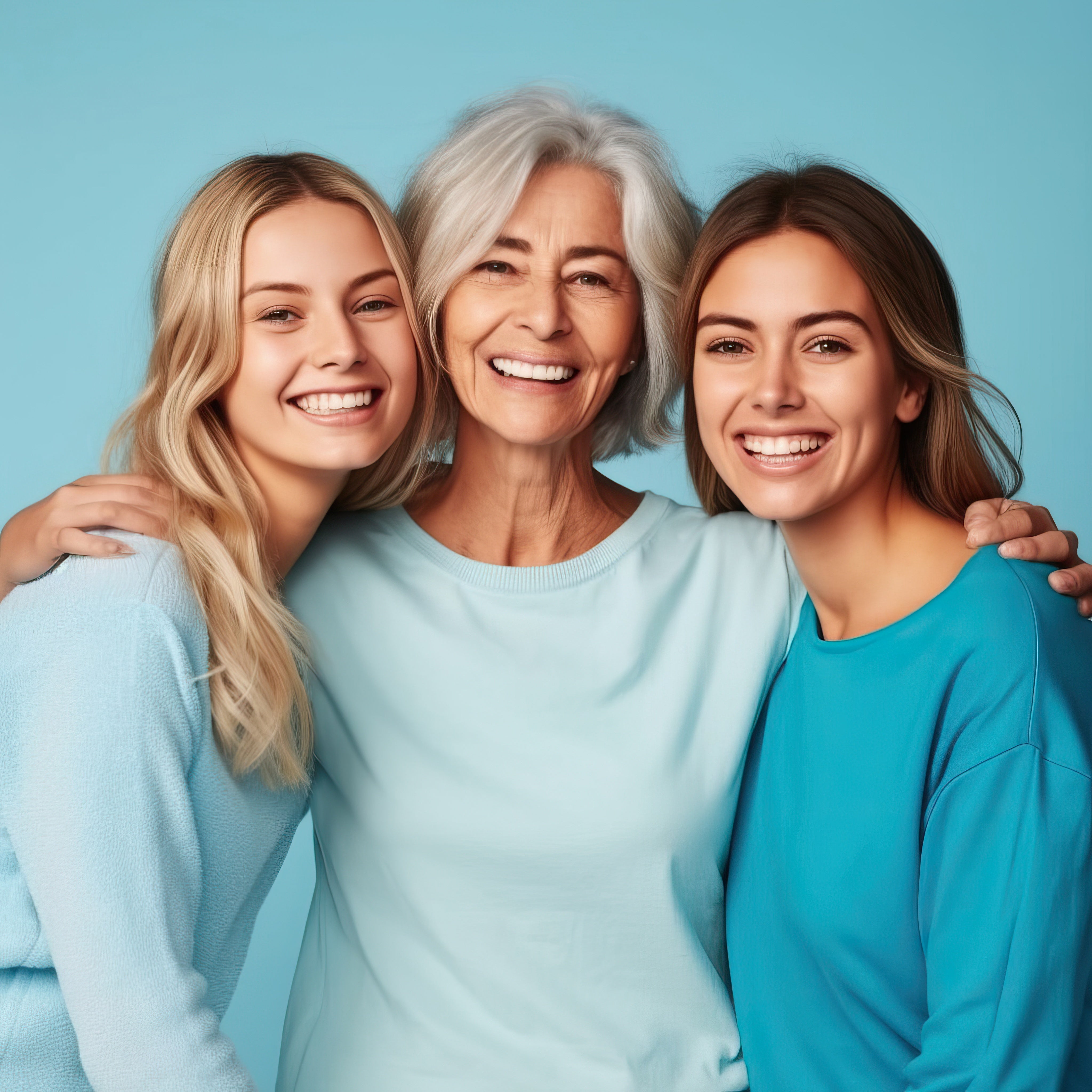 Three generations of women stand closely, smiling warmly, symbolizing Women's Health—a bond reflecting physical and emotional well-being.