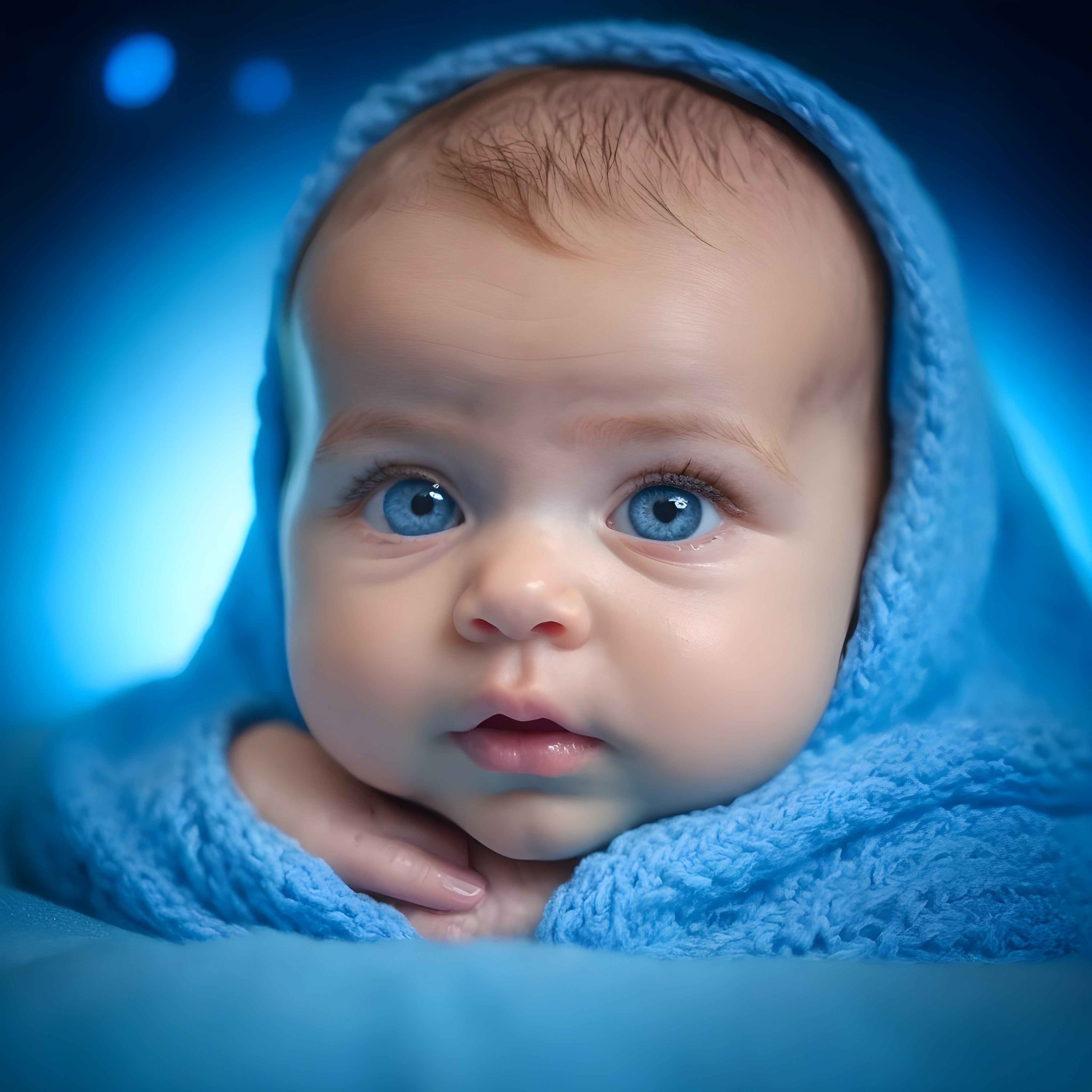Baby with bright blue eyes is wrapped in a soft blue blanket, representing the concept of fertility and balanced hormones.