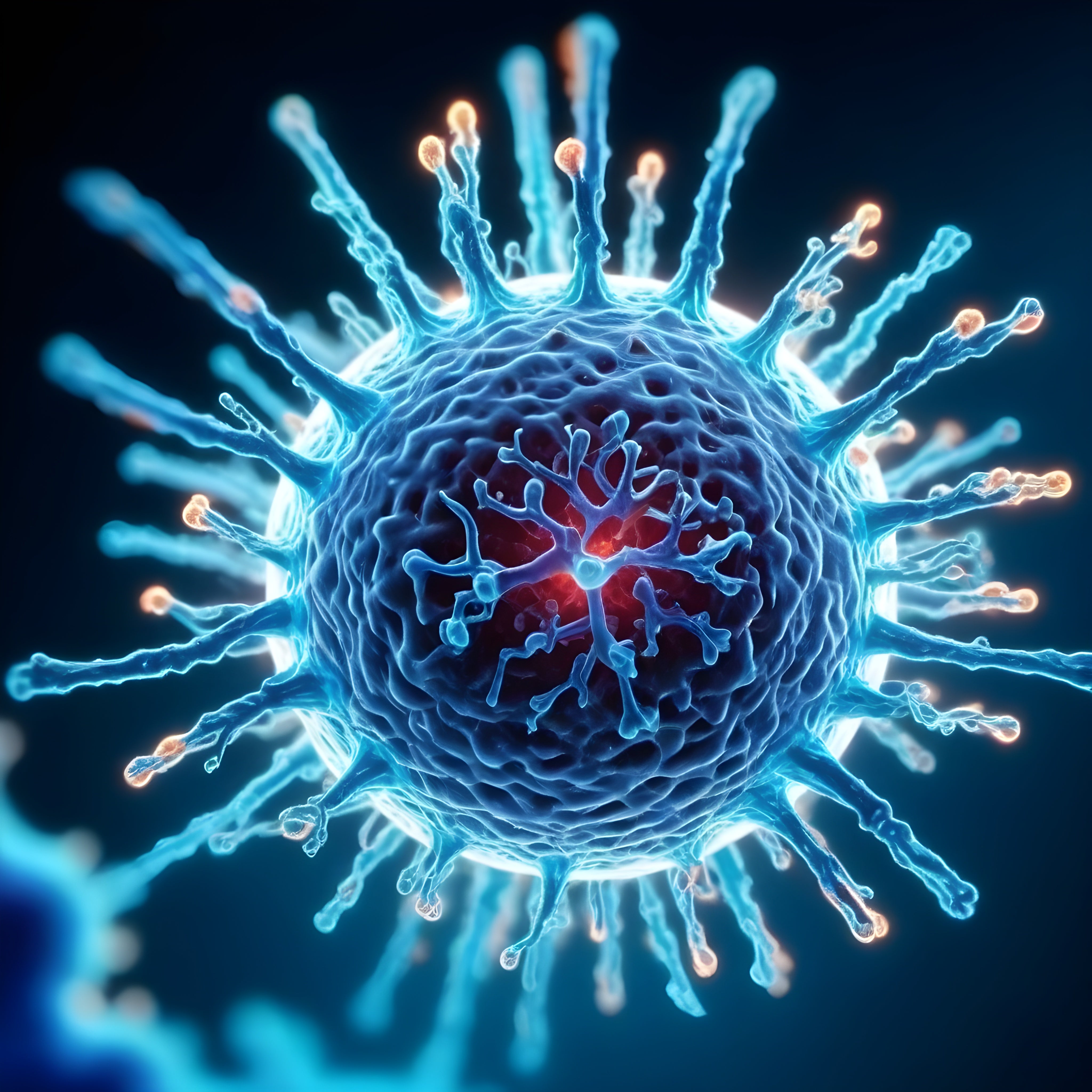 Close-up of a virus model with spiky surface proteins symbolizing Cold & Flu Relief, promoting faster recovery and healing.
