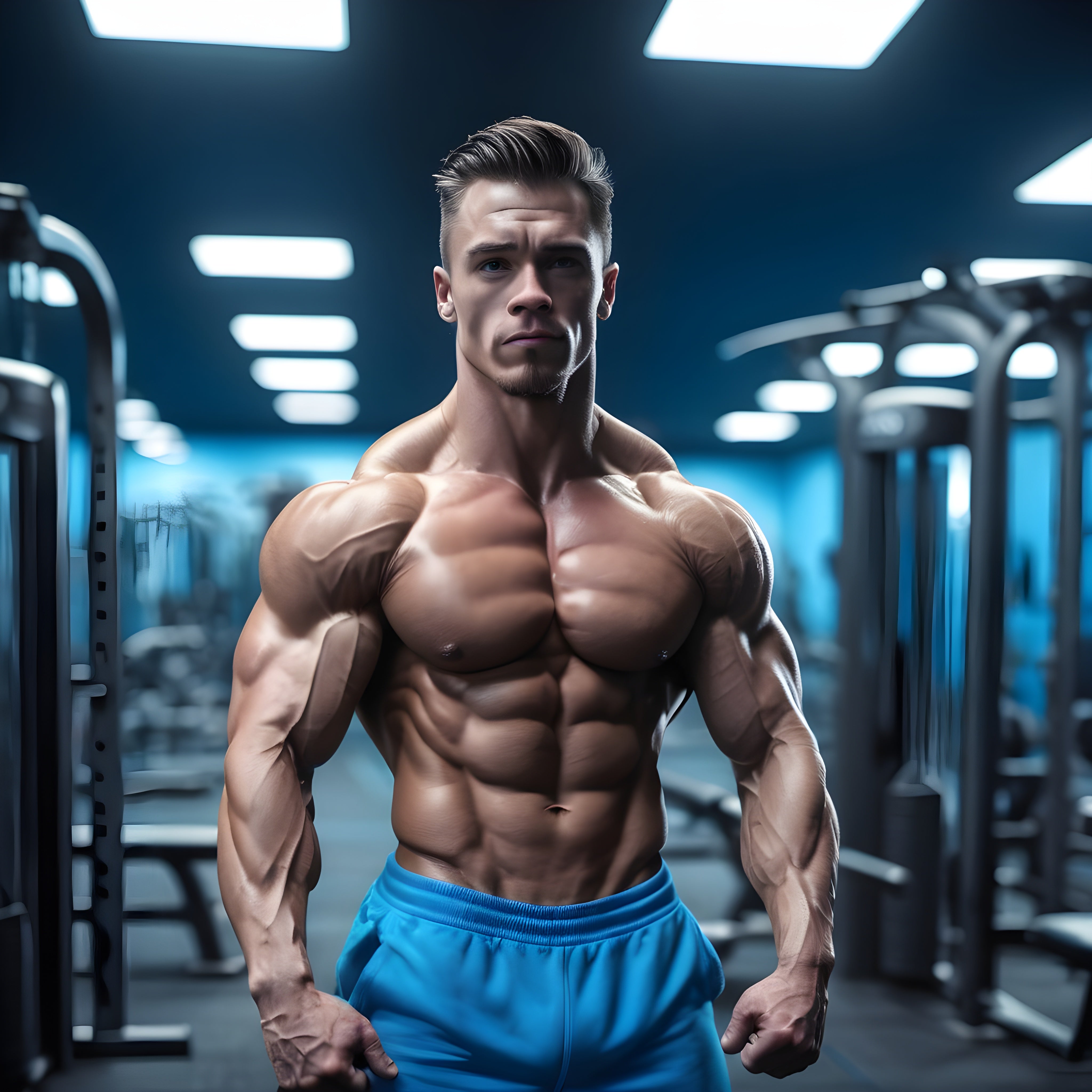 Shirtless muscular man wearing blue shorts in the gym showcases his physique for bodybuilding, enhancing physical performance.