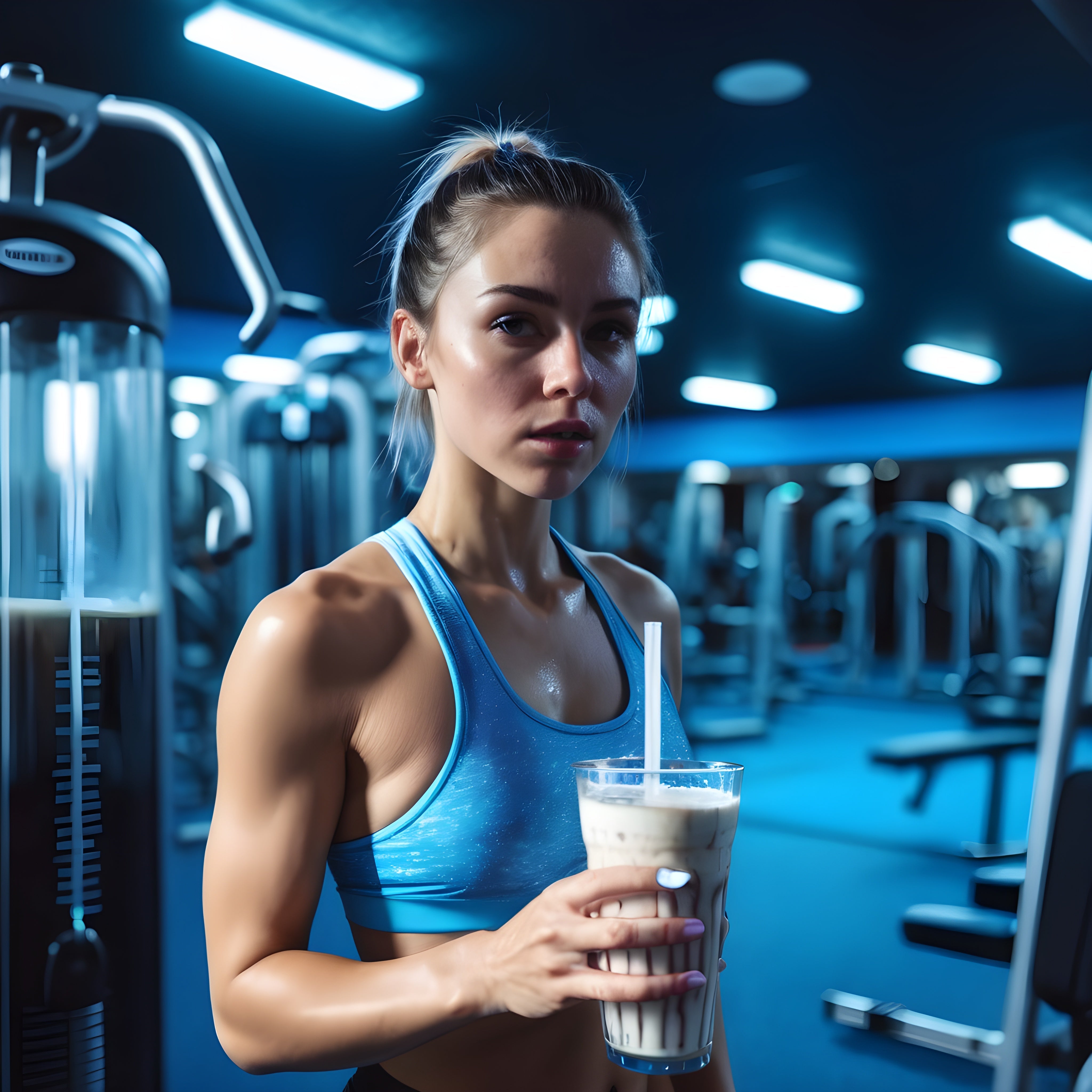 Woman in a blue sports bra holds a smoothie in the gym, exemplifying the benefits of post-workout supplements for exercise recovery.