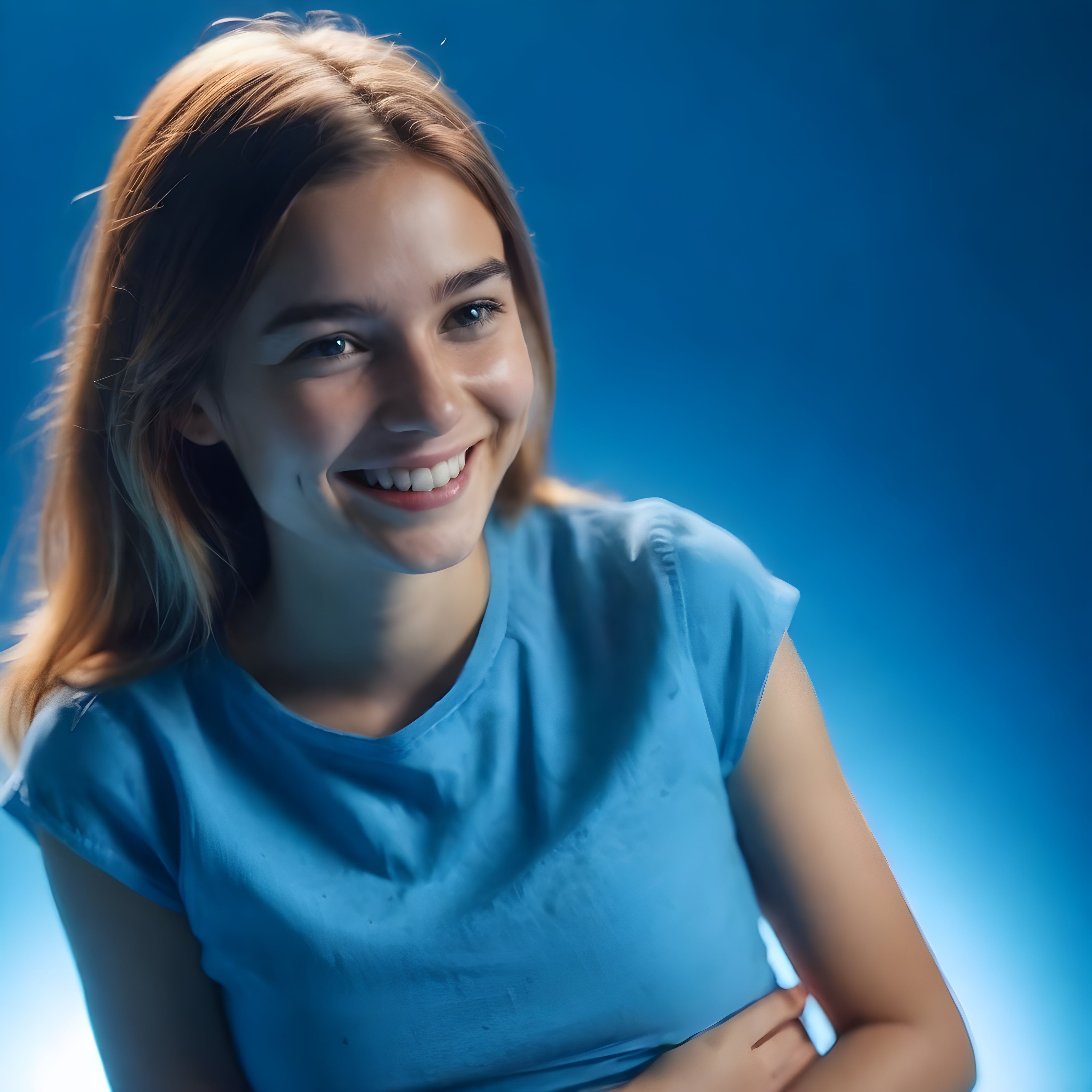 Smiling young woman with long hair, wearing a light blue shirt holding her stomach, representing Bloating & Gas Relief for digestive comfort.