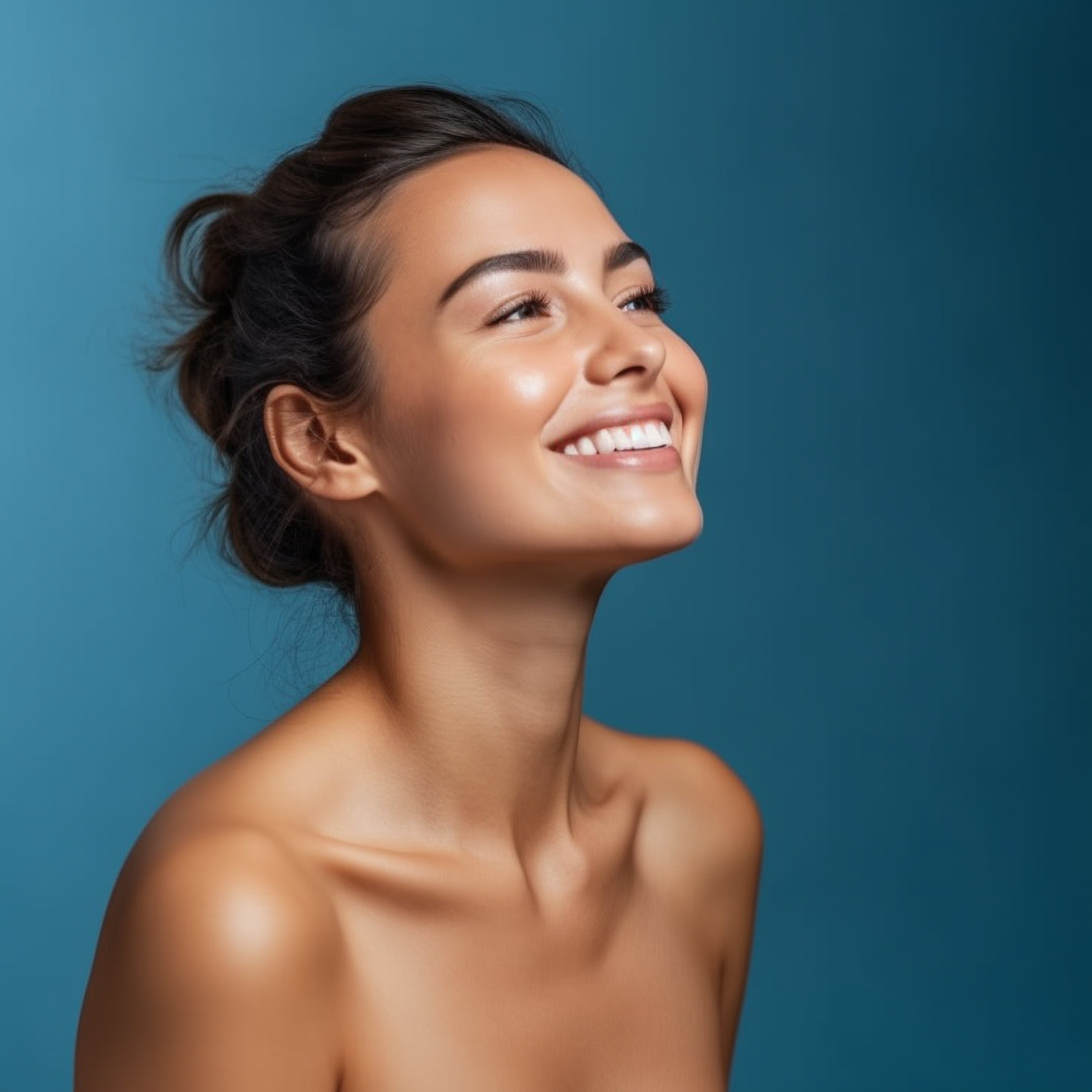Smiling woman with tied-up dark hair against blue background emphasizes skincare with nourishment for radiant skin.